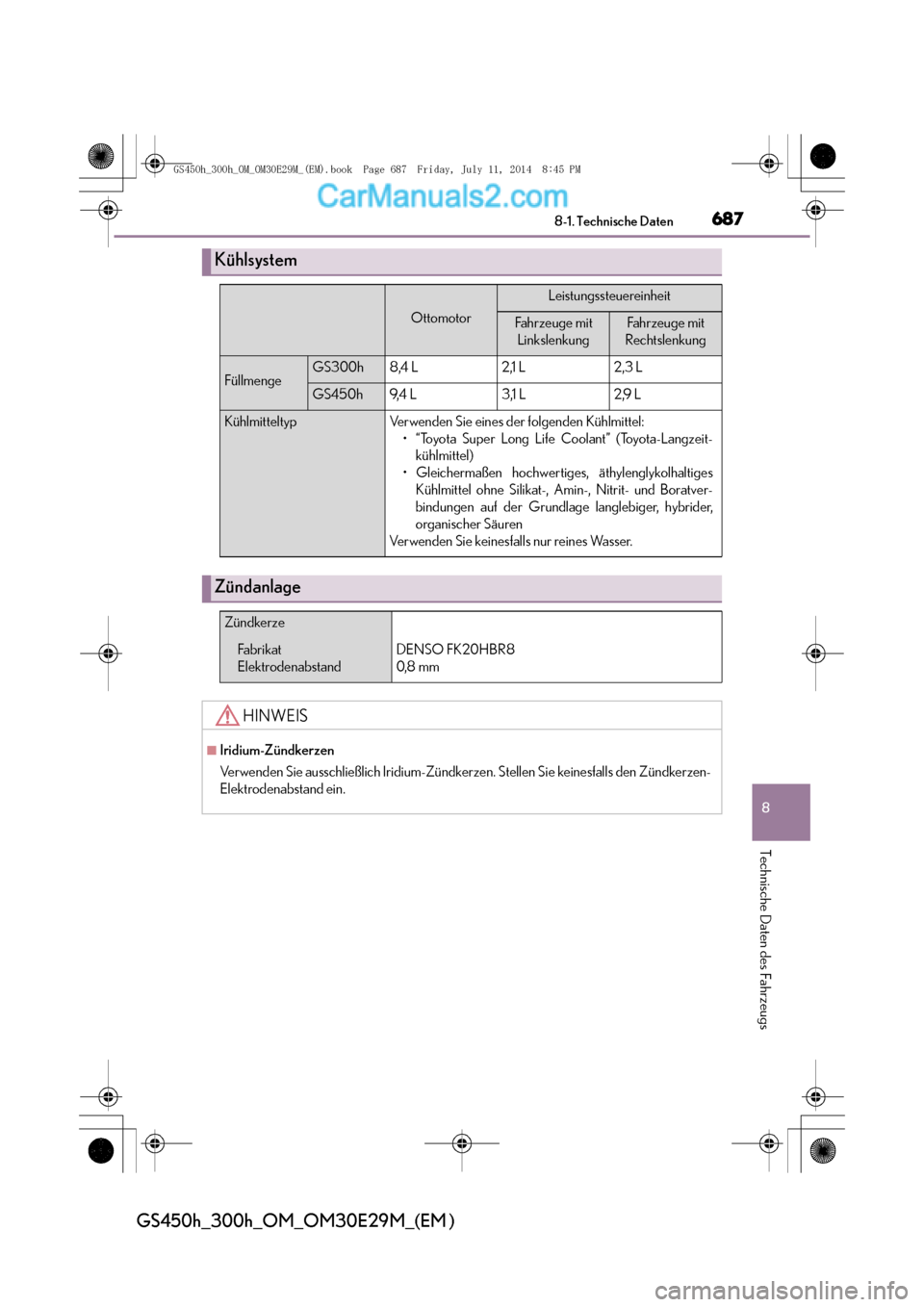 Lexus GS300h 2014  Betriebsanleitung (in German) 687
8
8-1. Technische Daten
Technische Daten des Fahrzeugs
GS450h_300h_OM_OM30E29M_(EM )
Kühlsystem
Ottomotor
Leistungssteuereinheit
Fah rzeu ge mi t 
LinkslenkungFahrzeuge mit 
Rechtslenkung
Füllme