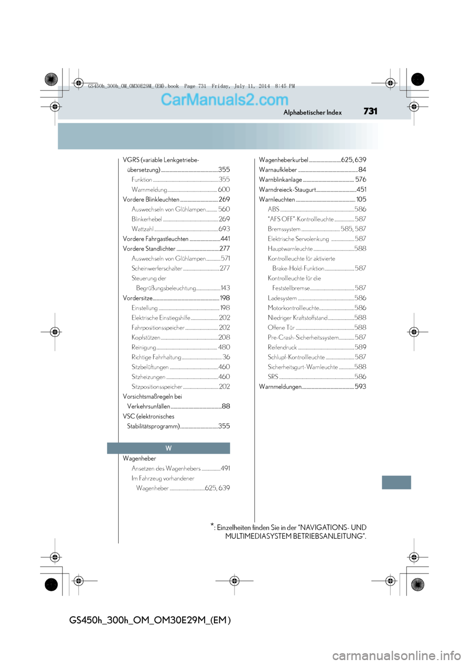 Lexus GS300h 2014  Betriebsanleitung (in German) 731Alphabetischer Index
GS450h_300h_OM_OM30E29M_(EM )
VGRS (variable Lenkgetriebe- übersetzung) ................................................355Funktion ...........................................