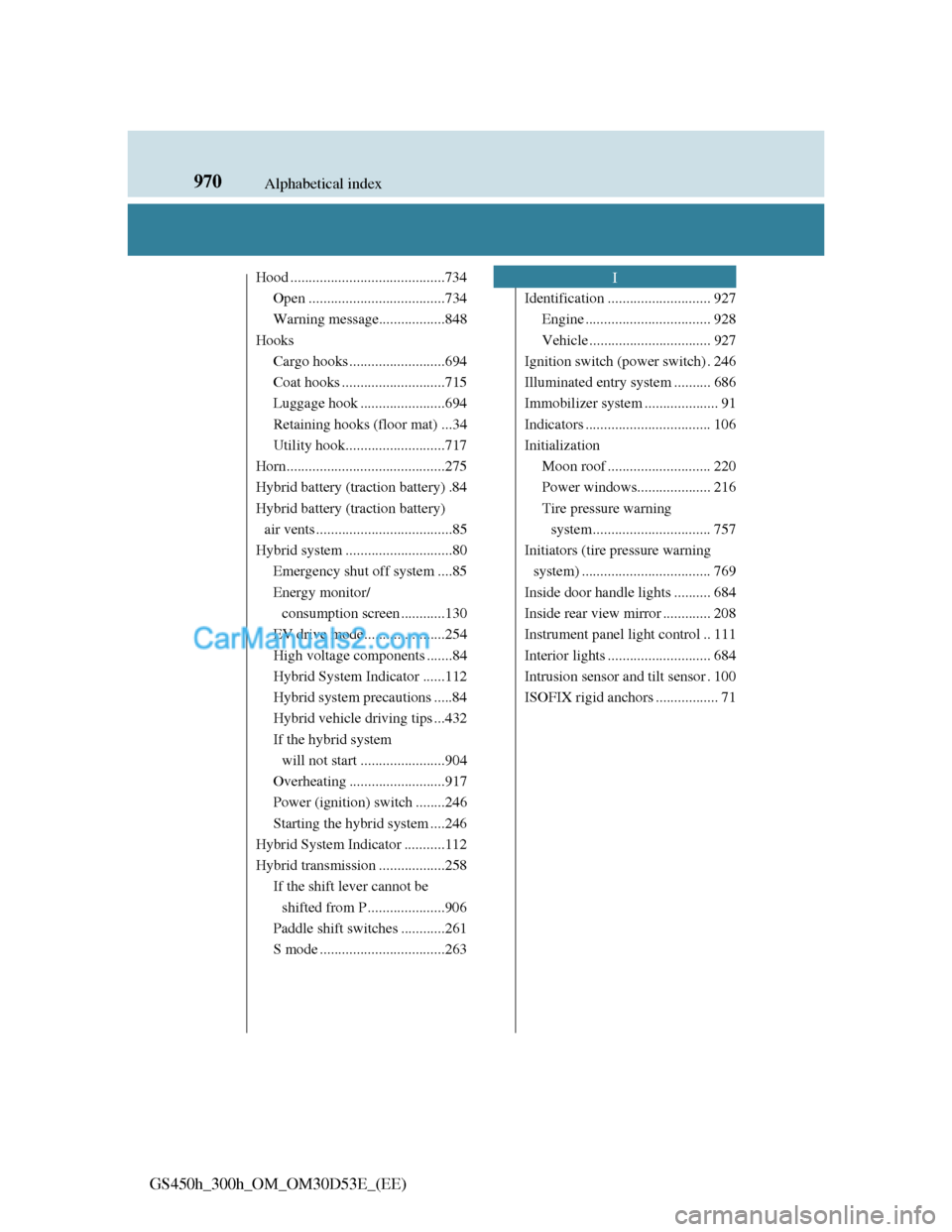 Lexus GS300h 2013  Owners Manual 970Alphabetical index
GS450h_300h_OM_OM30D53E_(EE)
Hood ..........................................734
Open .....................................734
Warning message..................848
Hooks
Cargo hoo