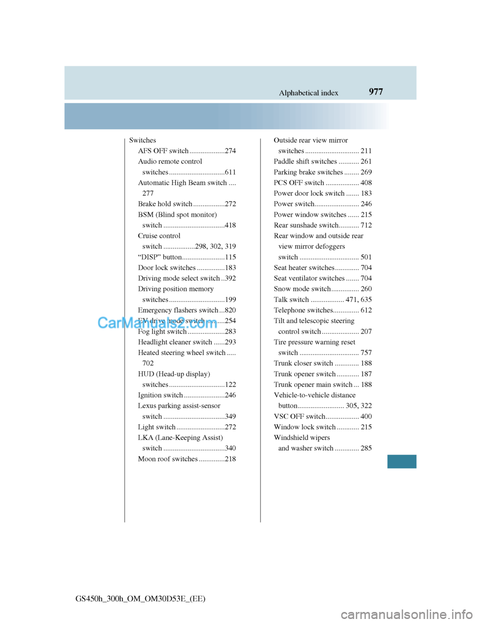 Lexus GS300h 2013 Owners Manual 977Alphabetical index
GS450h_300h_OM_OM30D53E_(EE)
Switches
AFS OFF switch ...................274
Audio remote control
switches ..............................611
Automatic High Beam switch ....
277
B Lexus GS300h 2013 Owners Manual 977Alphabetical index
GS450h_300h_OM_OM30D53E_(EE)
Switches
AFS OFF switch ...................274
Audio remote control
switches ..............................611
Automatic High Beam switch ....
277
B