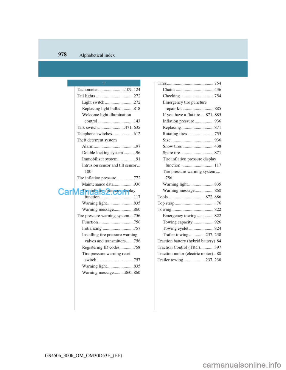 Lexus GS300h 2013  Owners Manual 978Alphabetical index
GS450h_300h_OM_OM30D53E_(EE)
Tachometer ........................109, 124
Tail lights ..................................272
Light switch ..........................272
Replacing li