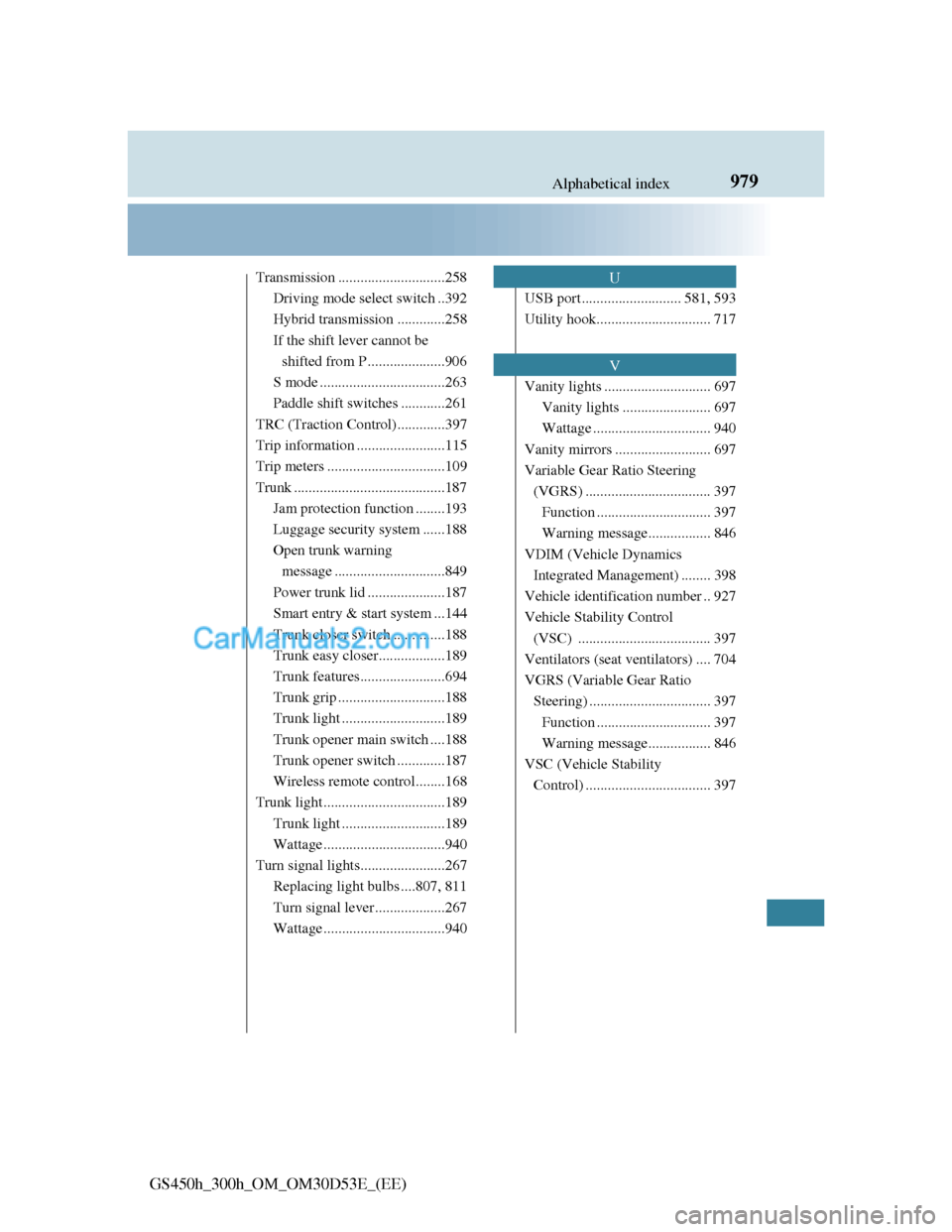Lexus GS300h 2013  Owners Manual 979Alphabetical index
GS450h_300h_OM_OM30D53E_(EE)
Transmission .............................258
Driving mode select switch ..392
Hybrid transmission .............258
If the shift lever cannot be 
shi