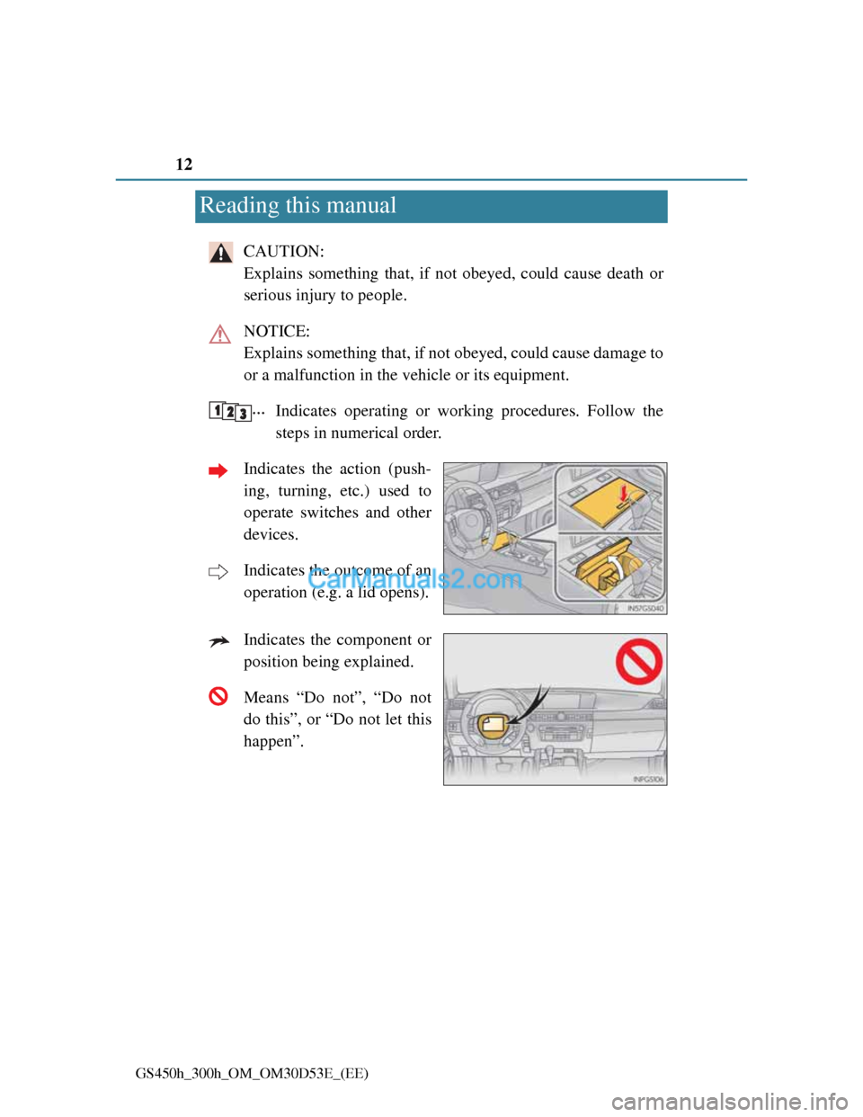 Lexus GS300h 2013 User Guide 12
GS450h_300h_OM_OM30D53E_(EE)
Reading this manual
CAUTION:
Explains something that, if not obeyed, could cause death or
serious injury to people.
NOTICE:
Explains something that, if not obeyed, co Lexus GS300h 2013 User Guide 12
GS450h_300h_OM_OM30D53E_(EE)
Reading this manual
CAUTION:
Explains something that, if not obeyed, could cause death or
serious injury to people.
NOTICE:
Explains something that, if not obeyed, co