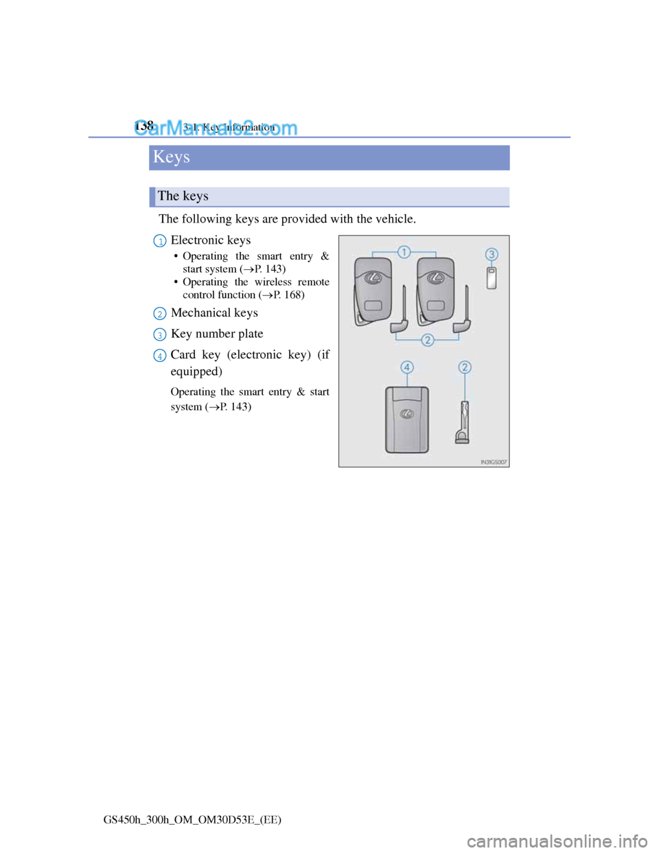 Lexus GS300h 2013  Owners Manual 1383-1. Key Information
GS450h_300h_OM_OM30D53E_(EE)
Keys
The following keys are provided with the vehicle.
Electronic keys
• Operating the smart entry &
start system (P. 143)
• Operating the w