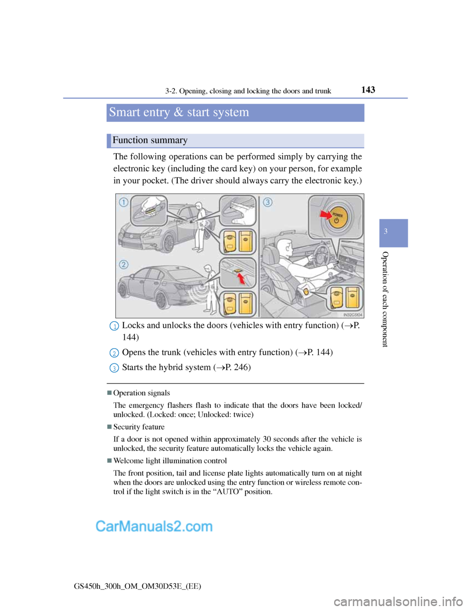 Lexus GS300h 2013  Owners Manual 143
3 3-2. Opening, closing and locking the doors and trunk
Operation of each component
GS450h_300h_OM_OM30D53E_(EE)
Smart entry & start system
The following operations can be performed simply by carr