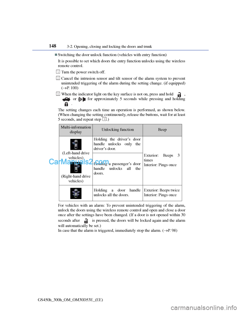 Lexus GS300h 2013  Owners Manual 1483-2. Opening, closing and locking the doors and trunk
GS450h_300h_OM_OM30D53E_(EE)
Switching the door unlock function (vehicles with entry function)
It is possible to set which doors the entry f