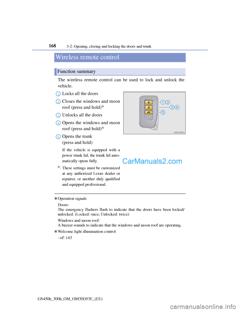 Lexus GS300h 2013  Owners Manual 1683-2. Opening, closing and locking the doors and trunk
GS450h_300h_OM_OM30D53E_(EE)
Wireless remote control
The wireless remote control can be used to lock and unlock the
vehicle. 
Locks all the doo