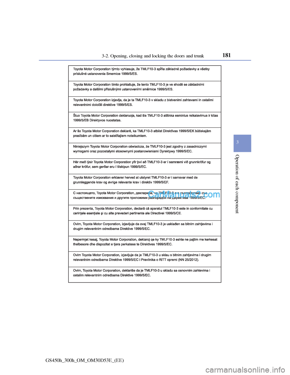 Lexus GS300h 2013  Owners Manual 1813-2. Opening, closing and locking the doors and trunk
3
Operation of each component
GS450h_300h_OM_OM30D53E_(EE)  