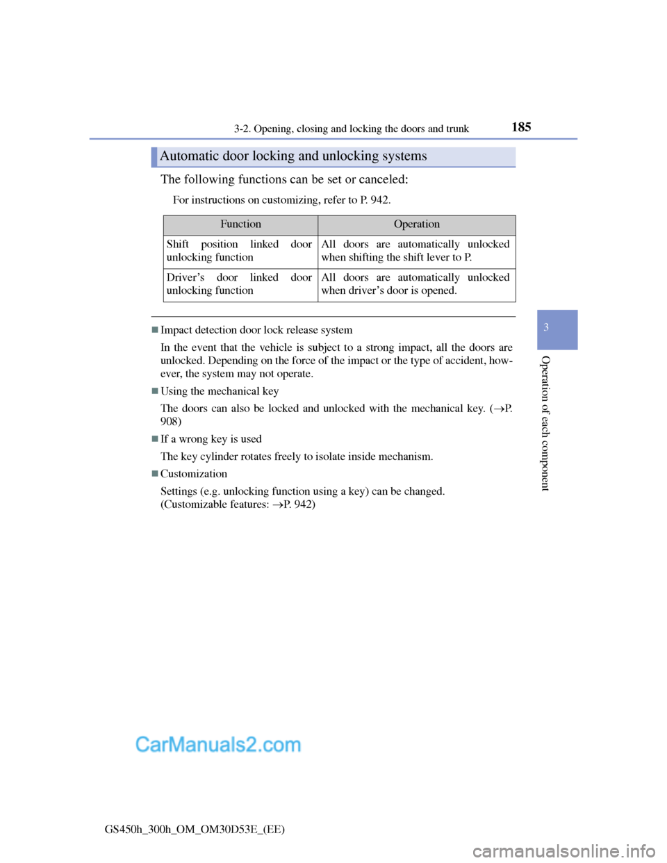 Lexus GS300h 2013 Owners Manual 1853-2. Opening, closing and locking the doors and trunk
3
Operation of each component
GS450h_300h_OM_OM30D53E_(EE)
The following functions can be set or canceled:
For instructions on customizing, ref Lexus GS300h 2013 Owners Manual 1853-2. Opening, closing and locking the doors and trunk
3
Operation of each component
GS450h_300h_OM_OM30D53E_(EE)
The following functions can be set or canceled:
For instructions on customizing, ref