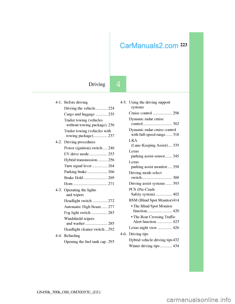 Lexus GS300h 2013  Owners Manual 223
4Driving
GS450h_300h_OM_OM30D53E_(EE)4-1. Before driving
Driving the vehicle............ 224
Cargo and luggage ............ 235
Trailer towing (vehicles 
without towing package). 236
Trailer towin