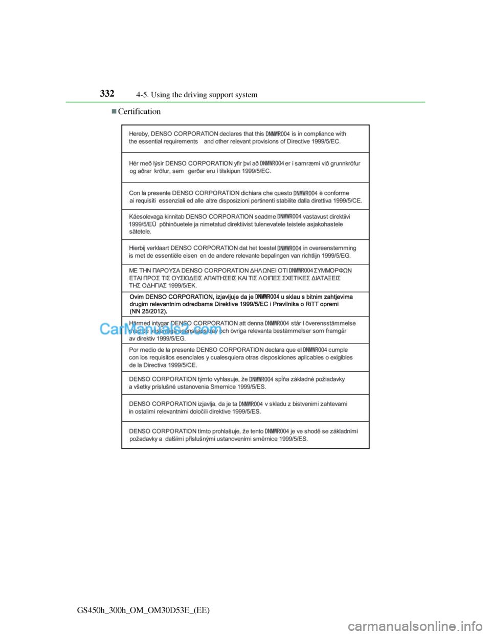 Lexus GS300h 2013 Owners Manual 3324-5. Using the driving support system
GS450h_300h_OM_OM30D53E_(EE)
Certification Lexus GS300h 2013 Owners Manual 3324-5. Using the driving support system
GS450h_300h_OM_OM30D53E_(EE)
Certification