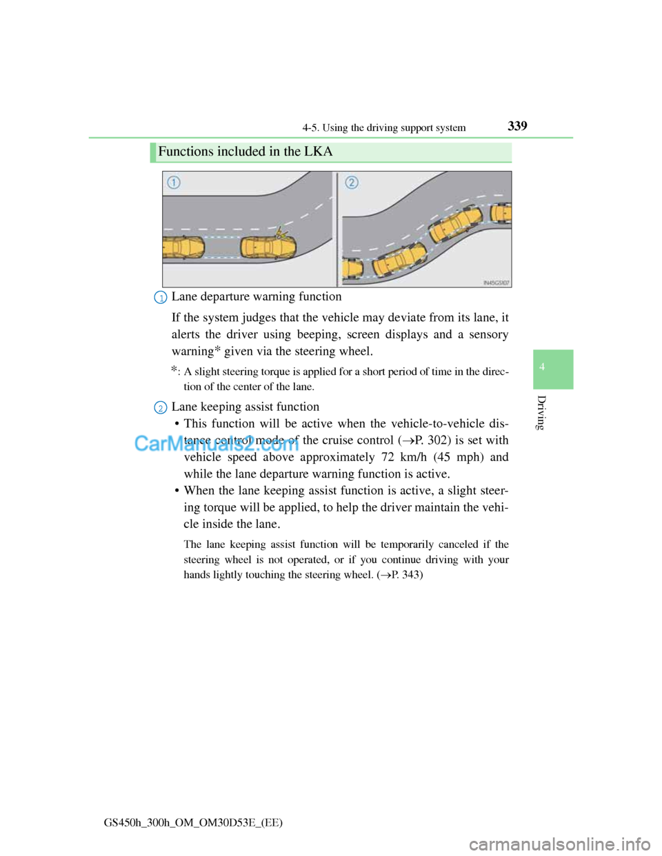 Lexus GS300h 2013 Owners Manual 3394-5. Using the driving support system
4
Driving
GS450h_300h_OM_OM30D53E_(EE)
Lane departure warning function
If the system judges that the vehicle may deviate from its lane, it
alerts the driver us Lexus GS300h 2013 Owners Manual 3394-5. Using the driving support system
4
Driving
GS450h_300h_OM_OM30D53E_(EE)
Lane departure warning function
If the system judges that the vehicle may deviate from its lane, it
alerts the driver us