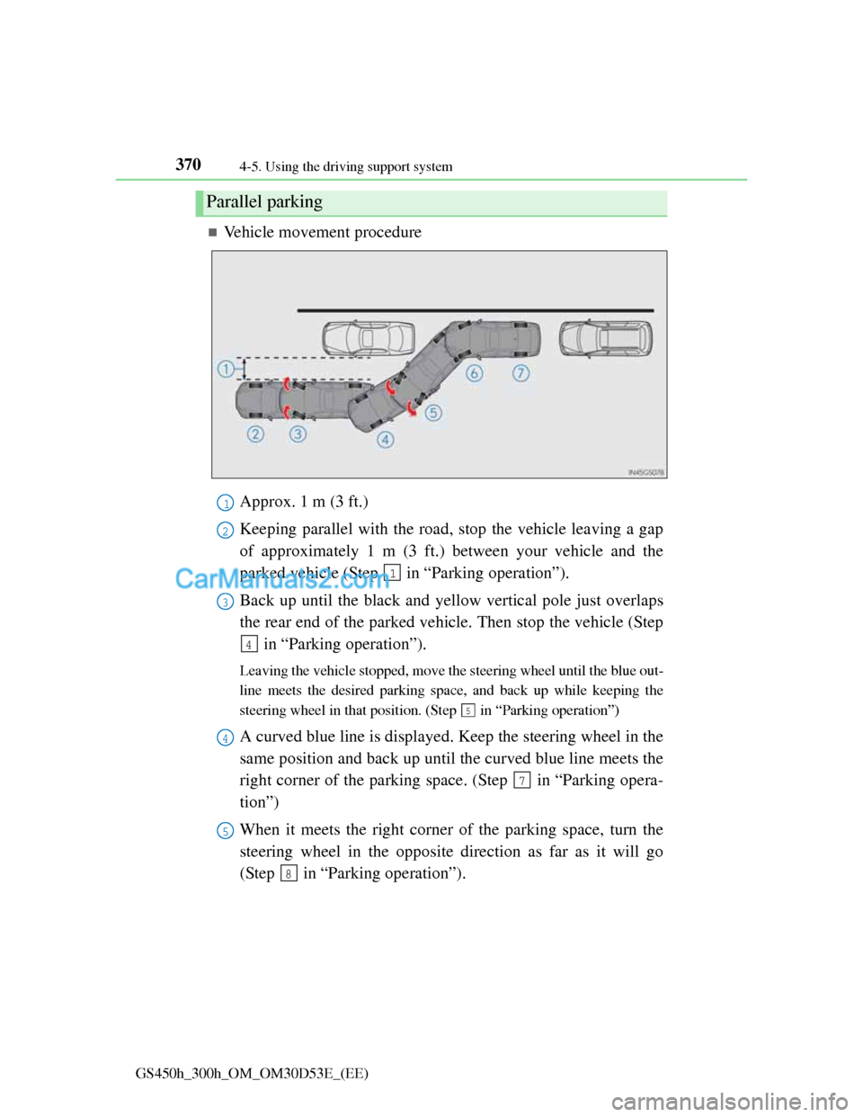 Lexus GS300h 2013 Owners Manual 3704-5. Using the driving support system
GS450h_300h_OM_OM30D53E_(EE)
Vehicle movement procedure
Approx. 1 m (3 ft.)
Keeping parallel with the road, stop the vehicle leaving a gap
of approximately Lexus GS300h 2013 Owners Manual 3704-5. Using the driving support system
GS450h_300h_OM_OM30D53E_(EE)
Vehicle movement procedure
Approx. 1 m (3 ft.)
Keeping parallel with the road, stop the vehicle leaving a gap
of approximately