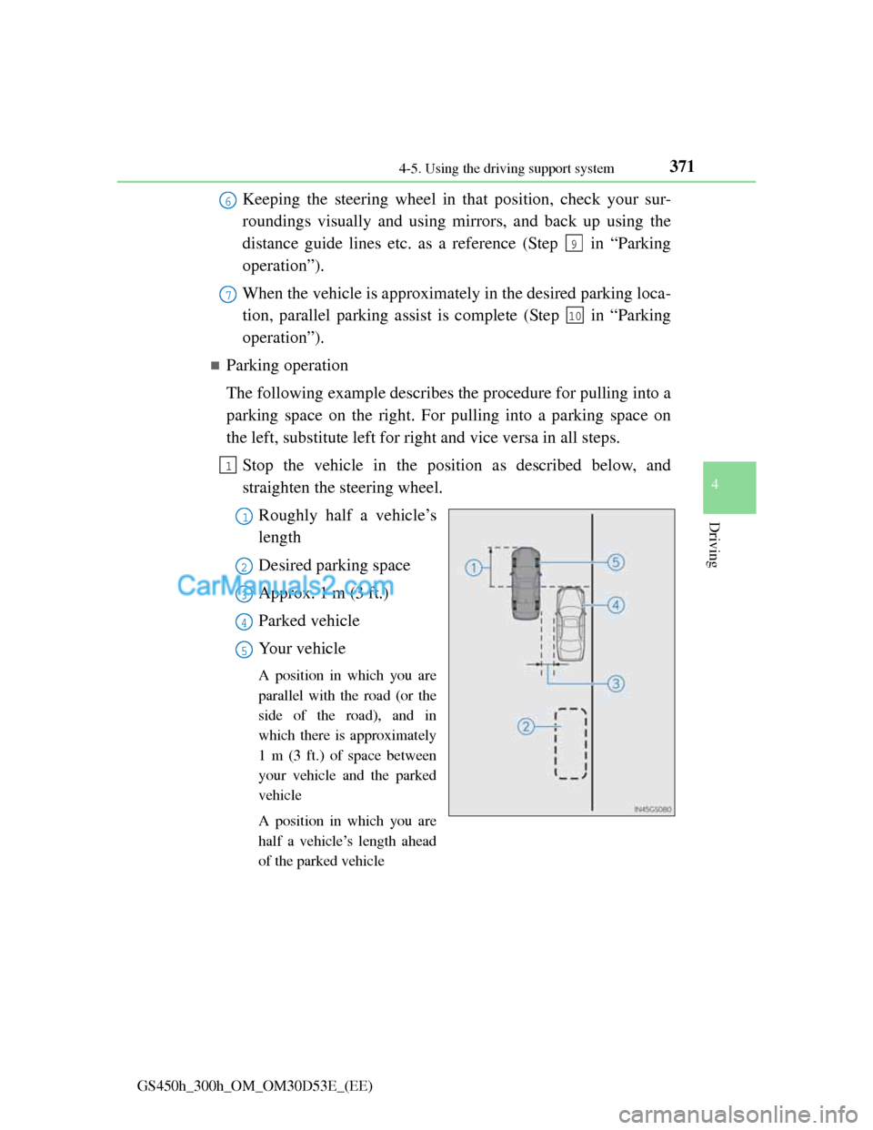 Lexus GS300h 2013  Owners Manual 3714-5. Using the driving support system
4
Driving
GS450h_300h_OM_OM30D53E_(EE)
Keeping the steering wheel in that position, check your sur-
roundings visually and using mirrors, and back up using the