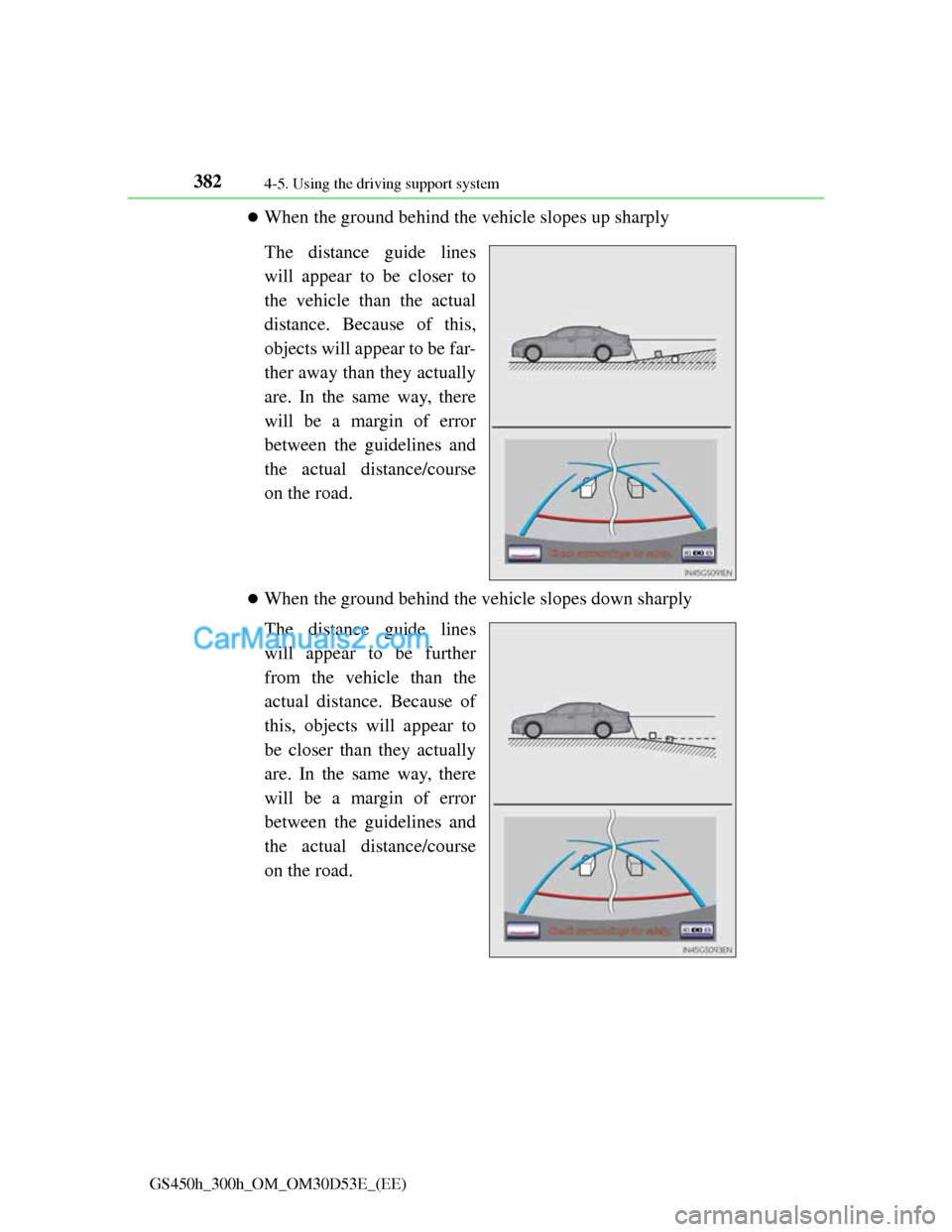 Lexus GS300h 2013 Owners Manual 3824-5. Using the driving support system
GS450h_300h_OM_OM30D53E_(EE)
When the ground behind the vehicle slopes up sharply
The distance guide lines
will appear to be closer to
the vehicle than the Lexus GS300h 2013 Owners Manual 3824-5. Using the driving support system
GS450h_300h_OM_OM30D53E_(EE)
When the ground behind the vehicle slopes up sharply
The distance guide lines
will appear to be closer to
the vehicle than the