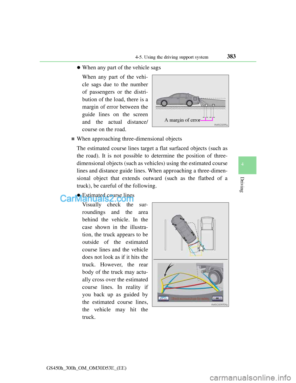 Lexus GS300h 2013 Owners Manual 3834-5. Using the driving support system
4
Driving
GS450h_300h_OM_OM30D53E_(EE)
When any part of the vehicle sags
When any part of the vehi-
cle sags due to the number
of passengers or the distri-
Lexus GS300h 2013 Owners Manual 3834-5. Using the driving support system
4
Driving
GS450h_300h_OM_OM30D53E_(EE)
When any part of the vehicle sags
When any part of the vehi-
cle sags due to the number
of passengers or the distri-