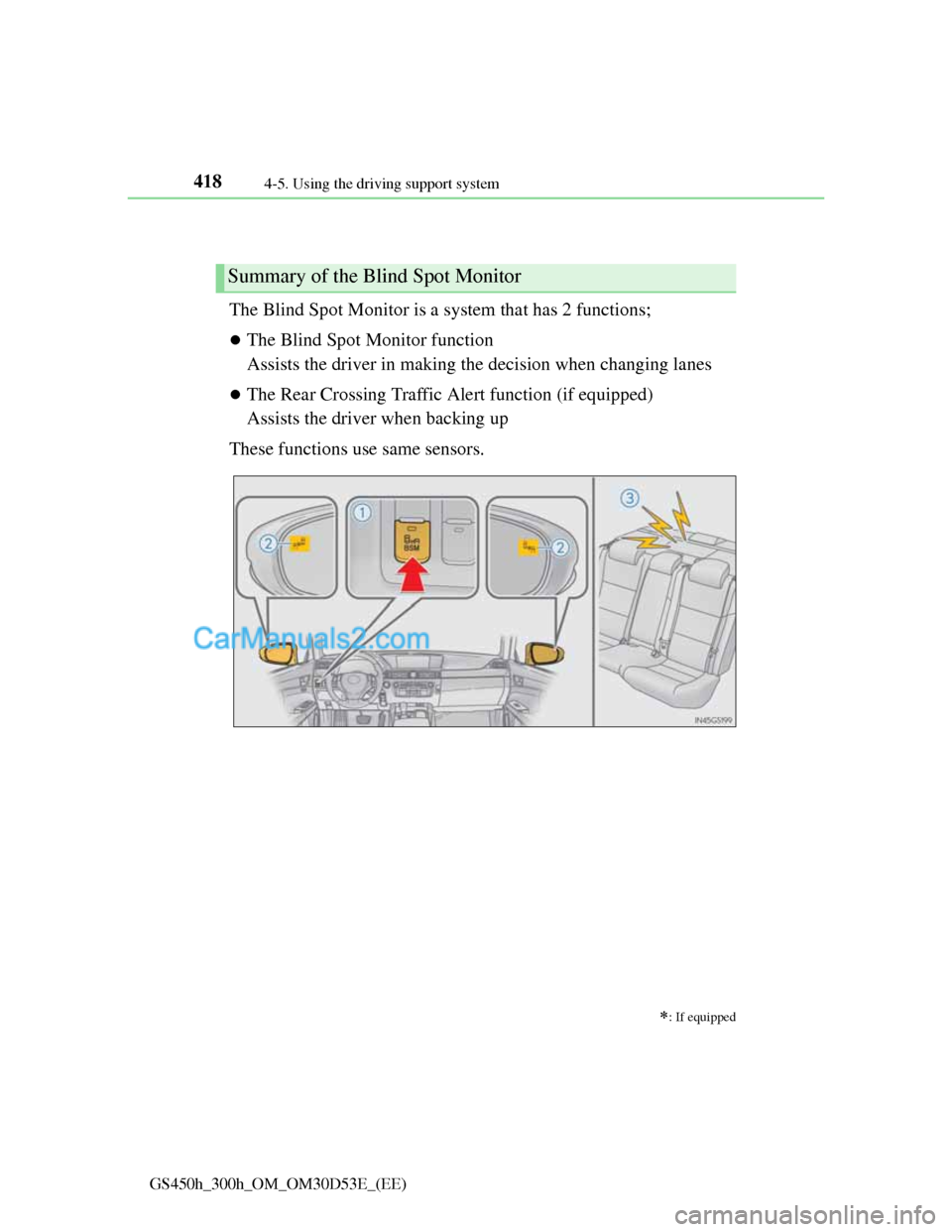 Lexus GS300h 2013 Owners Manual 4184-5. Using the driving support system
GS450h_300h_OM_OM30D53E_(EE)
BSM (Blind Spot Monitor)
The Blind Spot Monitor is a system that has 2 functions;
The Blind Spot Monitor function
Assists t Lexus GS300h 2013 Owners Manual 4184-5. Using the driving support system
GS450h_300h_OM_OM30D53E_(EE)
BSM (Blind Spot Monitor)
The Blind Spot Monitor is a system that has 2 functions;
The Blind Spot Monitor function
Assists t
