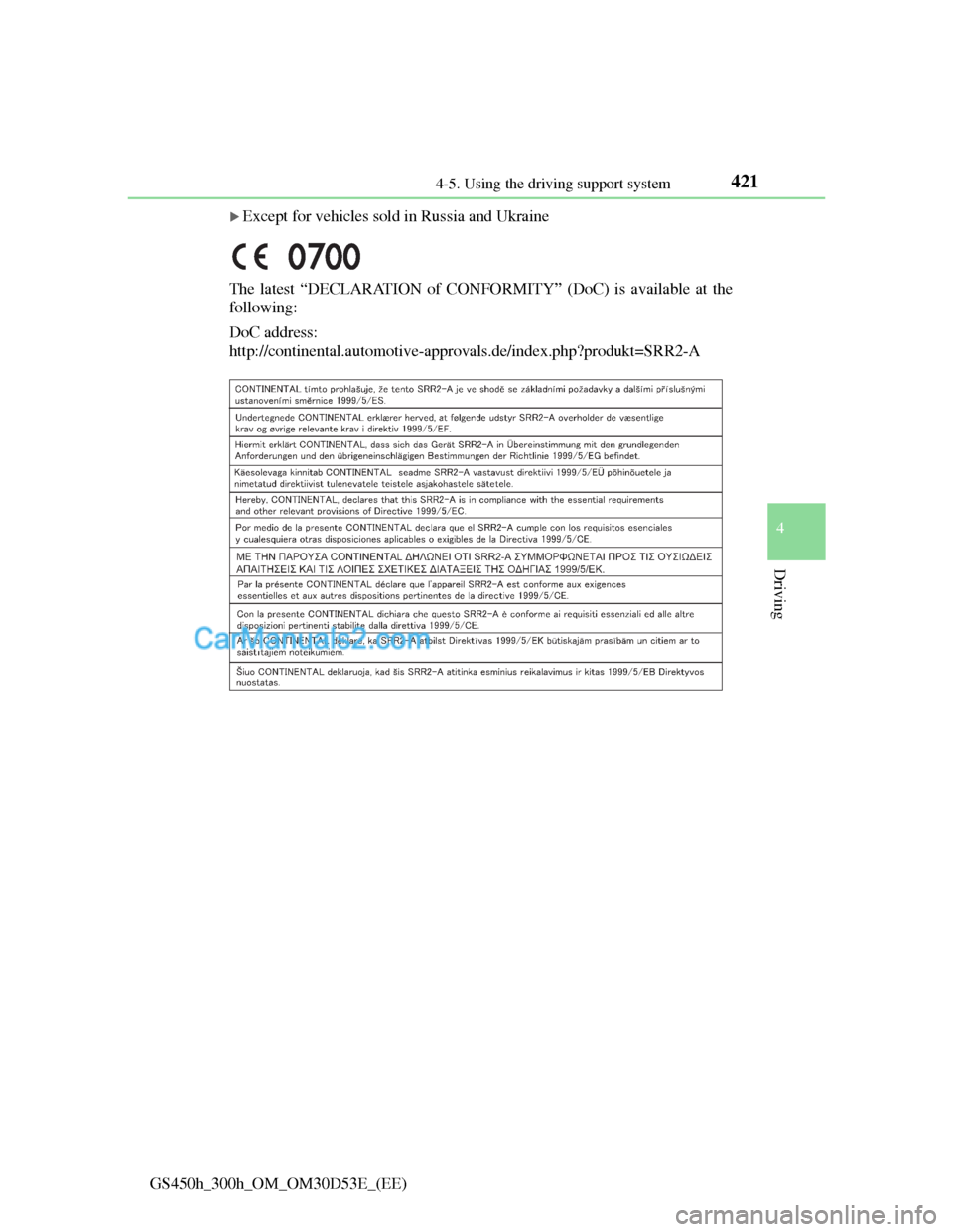 Lexus GS300h 2013 Owners Manual 4214-5. Using the driving support system
4
Driving
GS450h_300h_OM_OM30D53E_(EE)
Except for vehicles sold in Russia and Ukraine
The latest “DECLARATION of CONFORMITY” (DoC) is available at the
f Lexus GS300h 2013 Owners Manual 4214-5. Using the driving support system
4
Driving
GS450h_300h_OM_OM30D53E_(EE)
Except for vehicles sold in Russia and Ukraine
The latest “DECLARATION of CONFORMITY” (DoC) is available at the
f