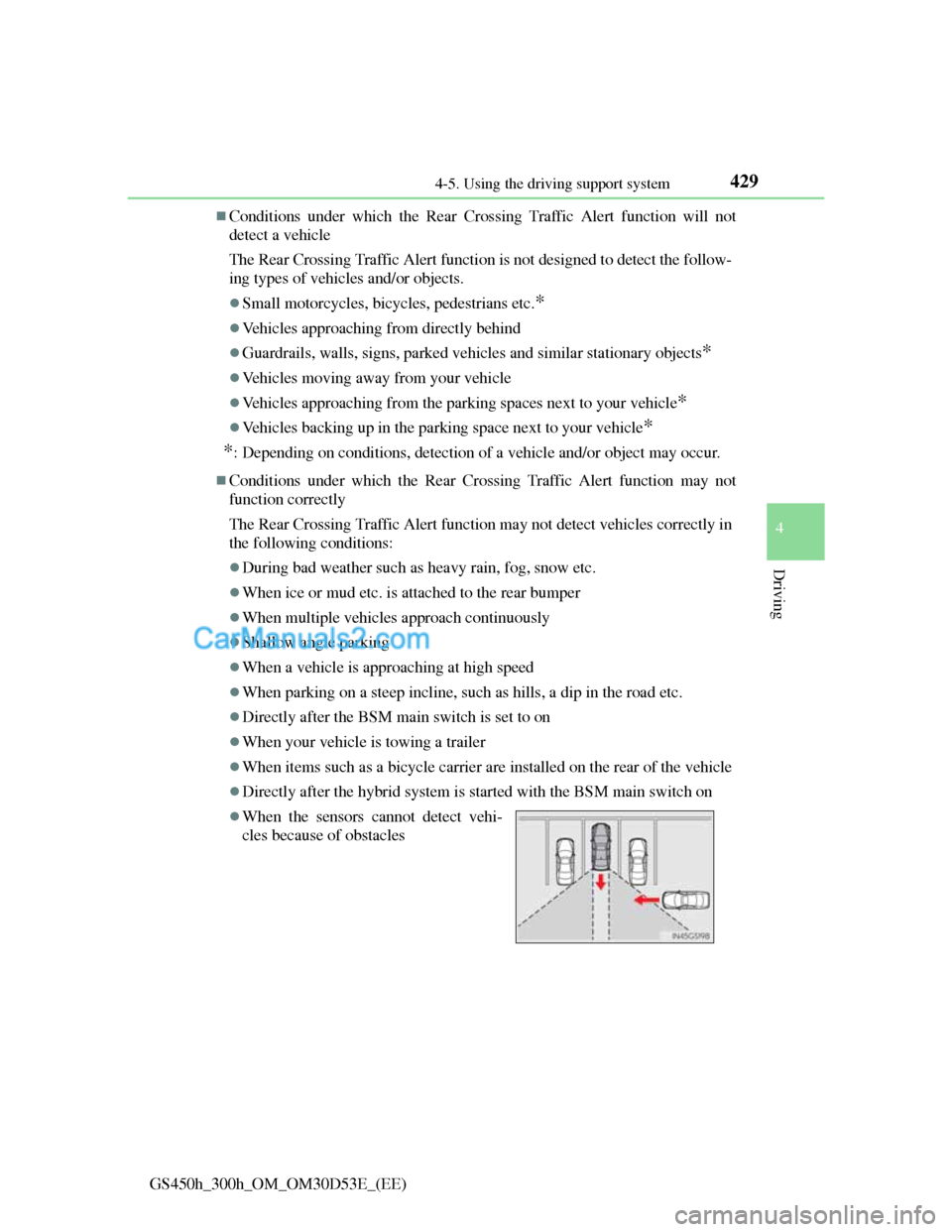 Lexus GS300h 2013 Owners Manual 4294-5. Using the driving support system
4
Driving
GS450h_300h_OM_OM30D53E_(EE)
Conditions under which the Rear Crossing Traffic Alert function will not
detect a vehicle
The Rear Crossing Traffic A Lexus GS300h 2013 Owners Manual 4294-5. Using the driving support system
4
Driving
GS450h_300h_OM_OM30D53E_(EE)
Conditions under which the Rear Crossing Traffic Alert function will not
detect a vehicle
The Rear Crossing Traffic A
