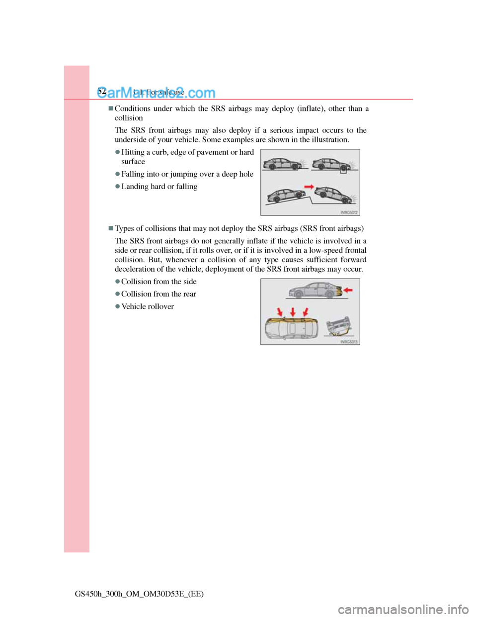 Lexus GS300h 2013 Workshop Manual 521-1. For safe use
GS450h_300h_OM_OM30D53E_(EE)
Conditions under which the SRS airbags may deploy (inflate), other than a
collision
The SRS front airbags may also deploy if a serious impact occur Lexus GS300h 2013 Workshop Manual 521-1. For safe use
GS450h_300h_OM_OM30D53E_(EE)
Conditions under which the SRS airbags may deploy (inflate), other than a
collision
The SRS front airbags may also deploy if a serious impact occur