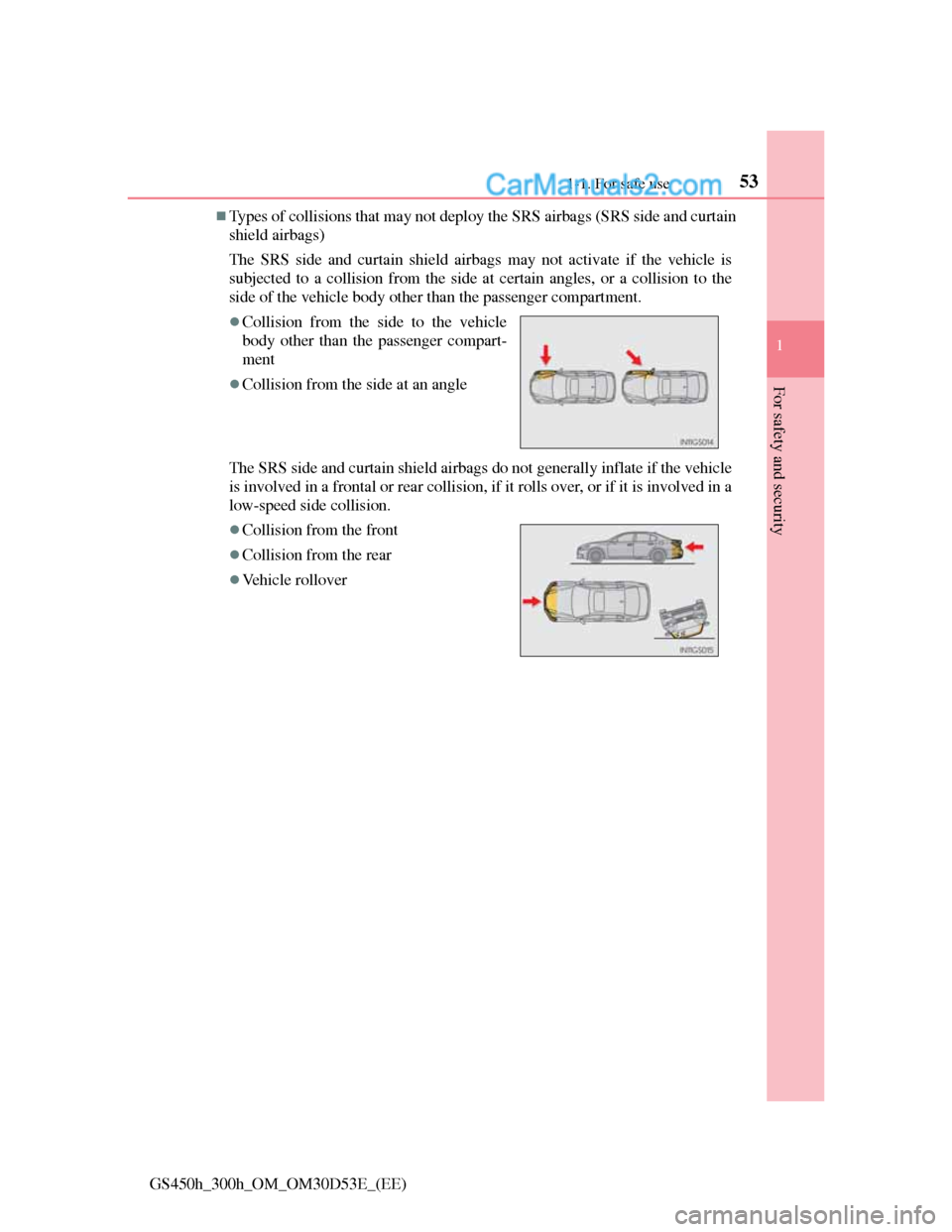 Lexus GS300h 2013 Workshop Manual 531-1. For safe use
1
For safety and security
GS450h_300h_OM_OM30D53E_(EE)
Types of collisions that may not deploy the SRS airbags (SRS side and curtain
shield airbags)
The SRS side and curtain shi Lexus GS300h 2013 Workshop Manual 531-1. For safe use
1
For safety and security
GS450h_300h_OM_OM30D53E_(EE)
Types of collisions that may not deploy the SRS airbags (SRS side and curtain
shield airbags)
The SRS side and curtain shi