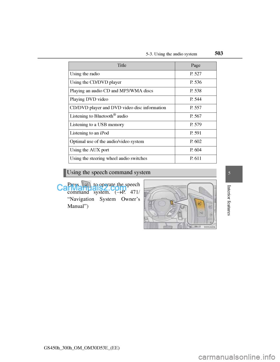 Lexus GS300h 2013  Owners Manual 5035-3. Using the audio system
5
Interior features
GS450h_300h_OM_OM30D53E_(EE)
Press   to operate the speech
command system. (P.  4 7 1
“Navigation System Owner’s
Manual”)
TitlePage
Using