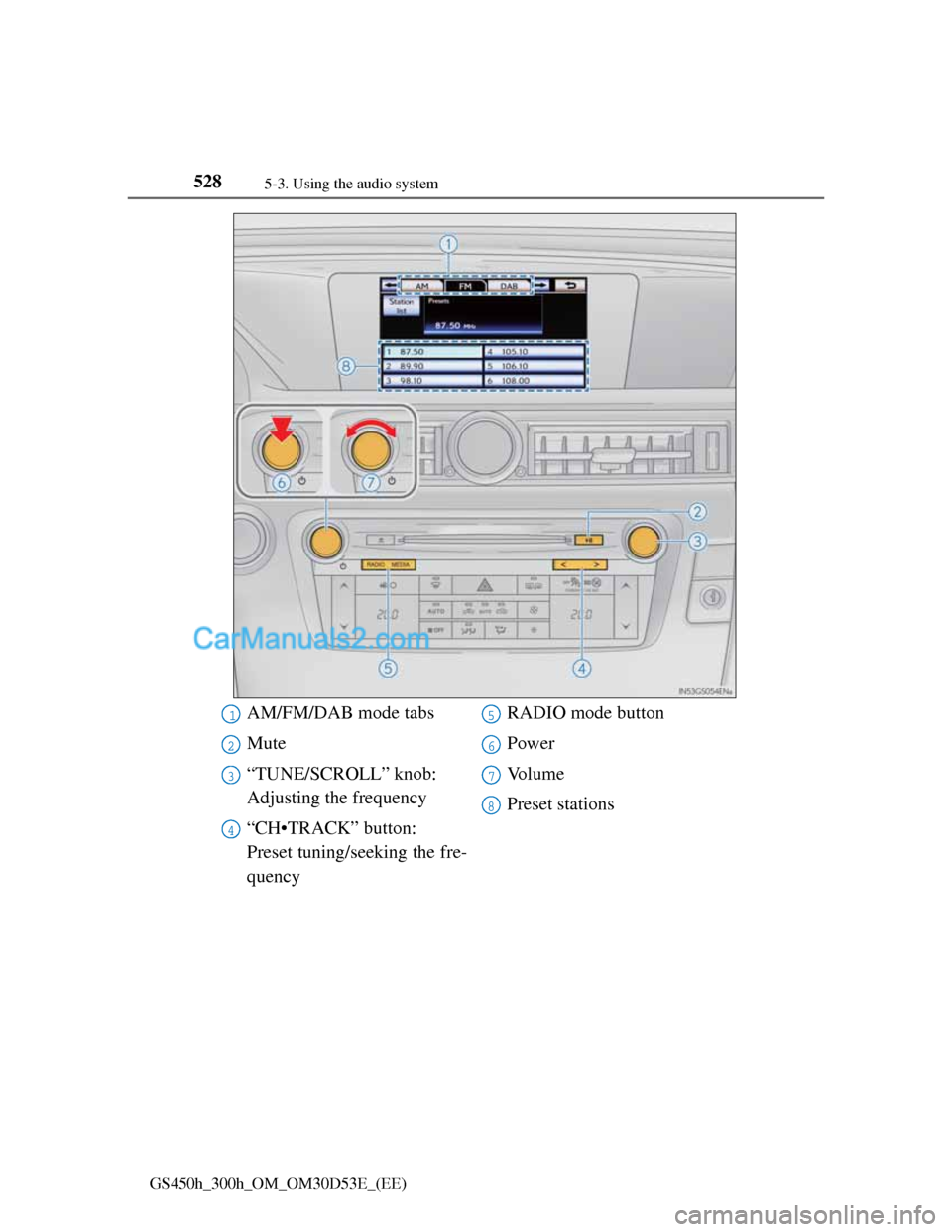 Lexus GS300h 2013  Owners Manual 5285-3. Using the audio system
GS450h_300h_OM_OM30D53E_(EE)
AM/FM/DAB mode tabs
Mute
“TUNE/SCROLL” knob: 
Adjusting the frequency
“CH•TRACK” button: 
Preset tuning/seeking the fre-
quencyRAD