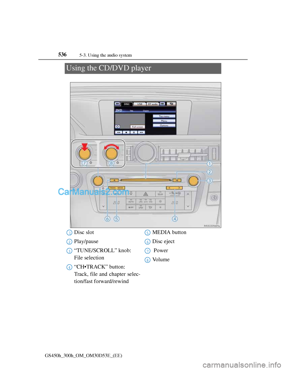 Lexus GS300h 2013  Owners Manual 5365-3. Using the audio system
GS450h_300h_OM_OM30D53E_(EE)
Using the CD/DVD player
Disc slot
Play/pause
“TUNE/SCROLL” knob: 
File selection
“CH•TRACK” button: 
Track, file and chapter selec