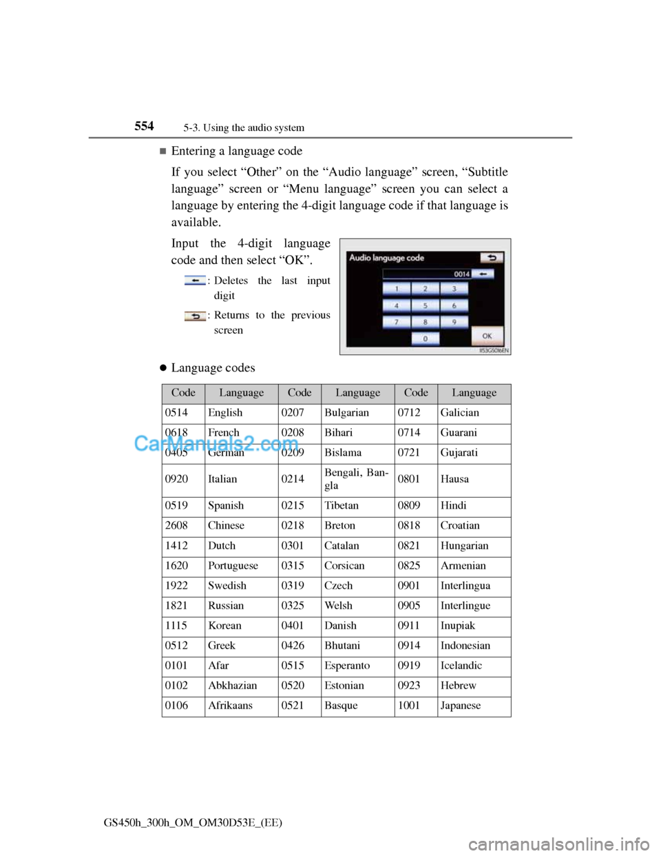 Lexus GS300h 2013 Owners Manual 5545-3. Using the audio system
GS450h_300h_OM_OM30D53E_(EE)
Entering a language code
If you select “Other” on the “Audio language” screen, “Subtitle
language” screen or “Menu language Lexus GS300h 2013 Owners Manual 5545-3. Using the audio system
GS450h_300h_OM_OM30D53E_(EE)
Entering a language code
If you select “Other” on the “Audio language” screen, “Subtitle
language” screen or “Menu language