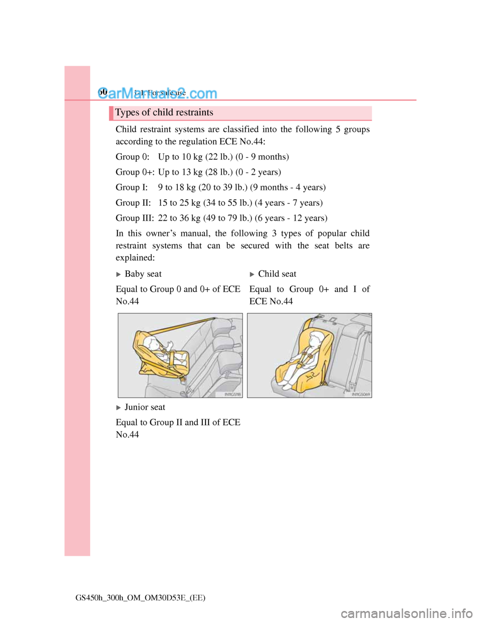 Lexus GS300h 2013 Workshop Manual 601-1. For safe use
GS450h_300h_OM_OM30D53E_(EE)
Child restraint systems are classified into the following 5 groups
according to the regulation ECE No.44:
Group 0: Up to 10 kg (22 lb.) (0 - 9 months)
Lexus GS300h 2013 Workshop Manual 601-1. For safe use
GS450h_300h_OM_OM30D53E_(EE)
Child restraint systems are classified into the following 5 groups
according to the regulation ECE No.44:
Group 0: Up to 10 kg (22 lb.) (0 - 9 months)