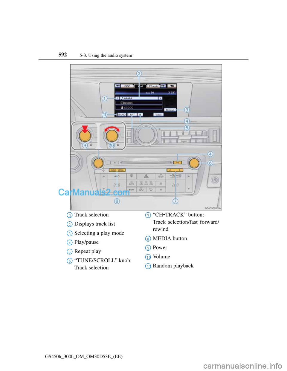 Lexus GS300h 2013  Owners Manual 5925-3. Using the audio system
GS450h_300h_OM_OM30D53E_(EE)
Track selection
Displays track list
Selecting a play mode
Play/pause
Repeat play
“TUNE/SCROLL” knob: 
Track selection“CH•TRACK” bu