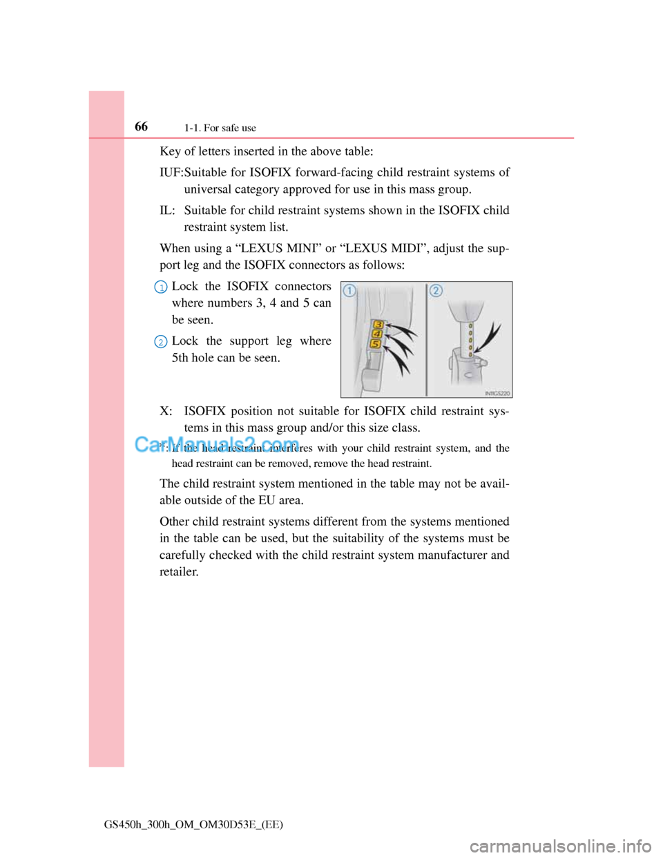 Lexus GS300h 2013 Repair Manual 661-1. For safe use
GS450h_300h_OM_OM30D53E_(EE)
Key of letters inserted in the above table:
IUF:Suitable for ISOFIX forward-facing child restraint systems of
universal category approved for use in th Lexus GS300h 2013 Repair Manual 661-1. For safe use
GS450h_300h_OM_OM30D53E_(EE)
Key of letters inserted in the above table:
IUF:Suitable for ISOFIX forward-facing child restraint systems of
universal category approved for use in th