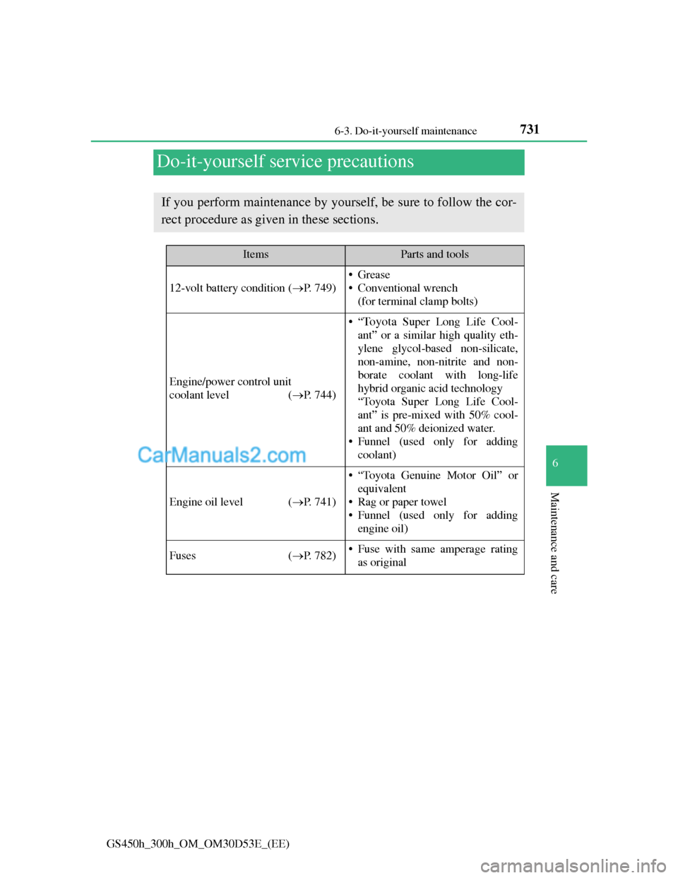 Lexus GS300h 2013 Owners Manual 731
6 6-3. Do-it-yourself maintenance
Maintenance and care
GS450h_300h_OM_OM30D53E_(EE)
Do-it-yourself service precautions
If you perform maintenance by yourself, be sure to follow the cor-
rect proc Lexus GS300h 2013 Owners Manual 731
6 6-3. Do-it-yourself maintenance
Maintenance and care
GS450h_300h_OM_OM30D53E_(EE)
Do-it-yourself service precautions
If you perform maintenance by yourself, be sure to follow the cor-
rect proc