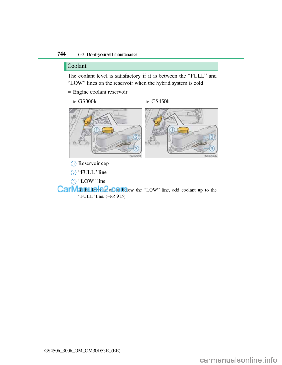 Lexus GS300h 2013  Owners Manual 7446-3. Do-it-yourself maintenance
GS450h_300h_OM_OM30D53E_(EE)
The coolant level is satisfactory if it is between the “FULL” and
“LOW” lines on the reservoir when the hybrid system is cold.
�
