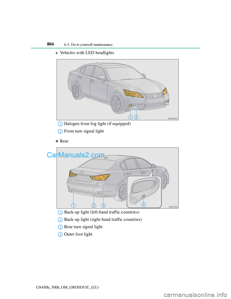Lexus GS300h 2013  Owners Manual 8046-3. Do-it-yourself maintenance
GS450h_300h_OM_OM30D53E_(EE)
Vehicles with LED headlights
Rear
Halogen front fog light (if equipped)
Front turn signal light1
2
Back-up light (left-hand traffi