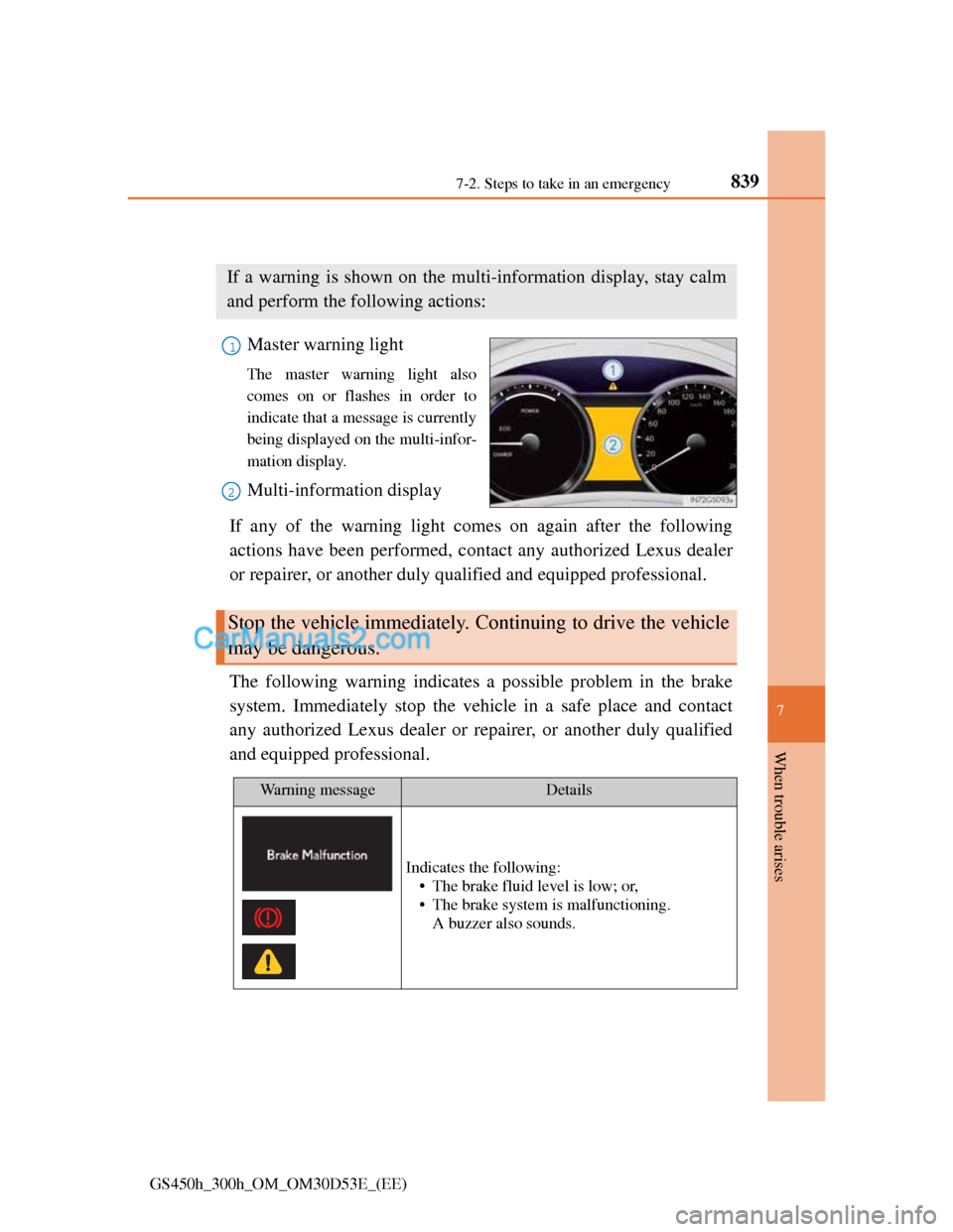 Lexus GS300h 2013  Owners Manual 8397-2. Steps to take in an emergency
7
When trouble arises
GS450h_300h_OM_OM30D53E_(EE)
If a warning message is displayed
Master warning light
The master warning light also
comes on or flashes in ord