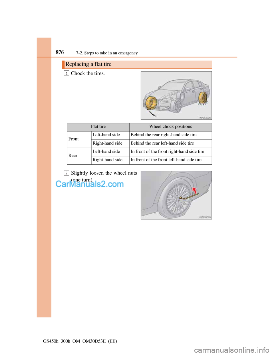 Lexus GS300h 2013  Owners Manual 8767-2. Steps to take in an emergency
GS450h_300h_OM_OM30D53E_(EE)
Chock the tires.
Slightly loosen the wheel nuts
(one turn).
Replacing a flat tire
1
Flat tireWheel chock positions
FrontLeft-hand sid