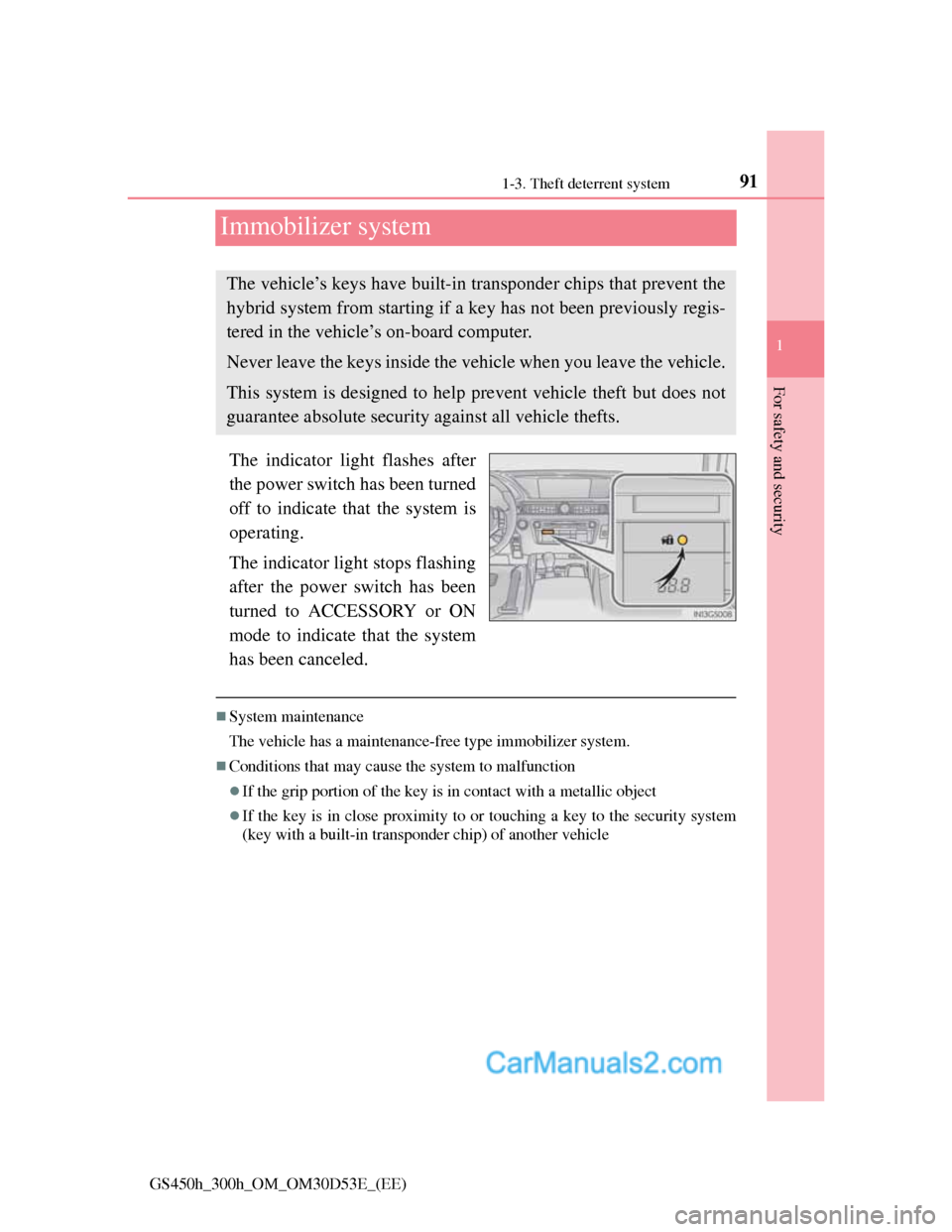 Lexus GS300h 2013 Owners Manual 91
1 1-3. Theft deterrent system
GS450h_300h_OM_OM30D53E_(EE)
For safety and security
Immobilizer system
The indicator light flashes after
the power switch has been turned
off to indicate that the sys