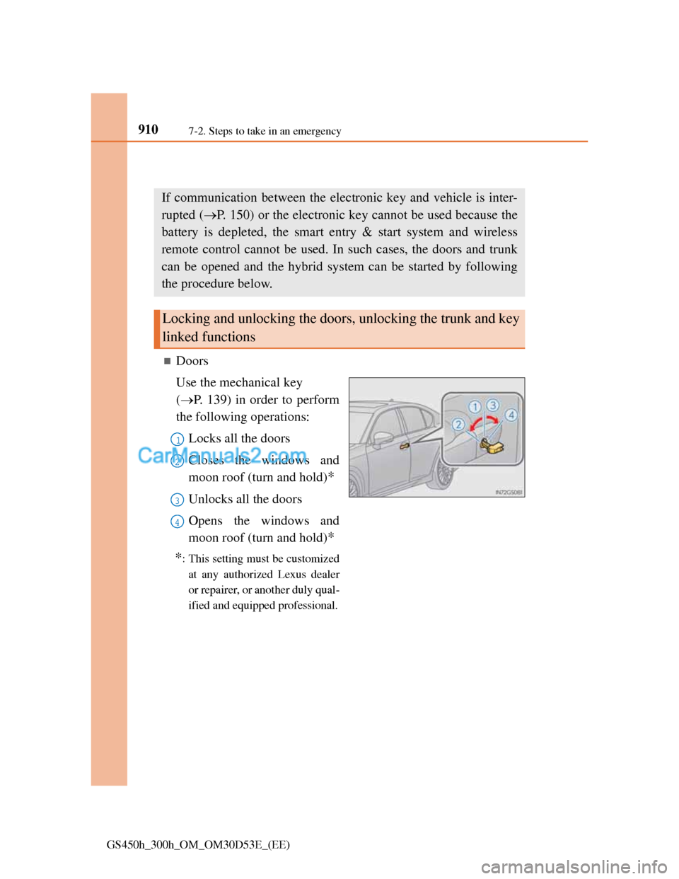 Lexus GS300h 2013 Owners Manual 9107-2. Steps to take in an emergency
GS450h_300h_OM_OM30D53E_(EE)
If the electronic key does not operate properly
Doors
Use the mechanical key
(P. 139) in order to perform
the following operat Lexus GS300h 2013 Owners Manual 9107-2. Steps to take in an emergency
GS450h_300h_OM_OM30D53E_(EE)
If the electronic key does not operate properly
Doors
Use the mechanical key
(P. 139) in order to perform
the following operat