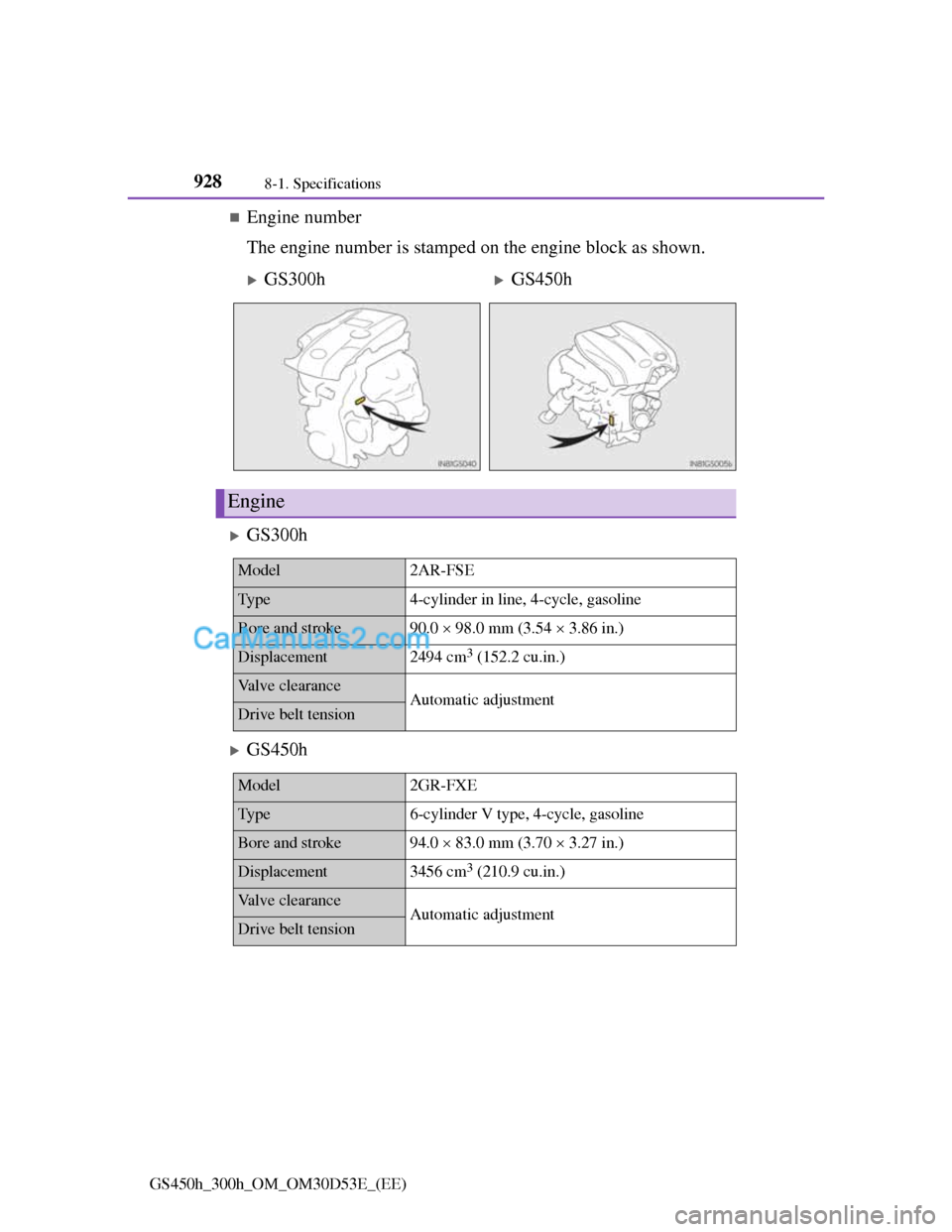 Lexus GS300h 2013  Owners Manual 9288-1. Specifications
GS450h_300h_OM_OM30D53E_(EE)
Engine number
The engine number is stamped on the engine block as shown.
GS300h
GS450h
GS300hGS450h
Engine
Model2AR-FSE
Ty p e4-cylin