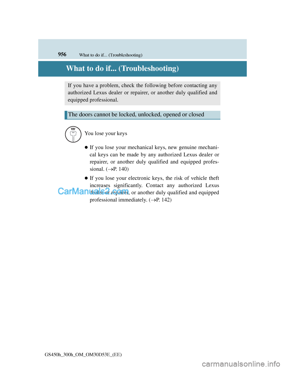 Lexus GS300h 2013 Owners Manual 956What to do if... (Troubleshooting)
GS450h_300h_OM_OM30D53E_(EE)
What to do if... (Troubleshooting)
If you lose your mechanical keys, new genuine mechani-
cal keys can be made by any authorized L Lexus GS300h 2013 Owners Manual 956What to do if... (Troubleshooting)
GS450h_300h_OM_OM30D53E_(EE)
What to do if... (Troubleshooting)
If you lose your mechanical keys, new genuine mechani-
cal keys can be made by any authorized L