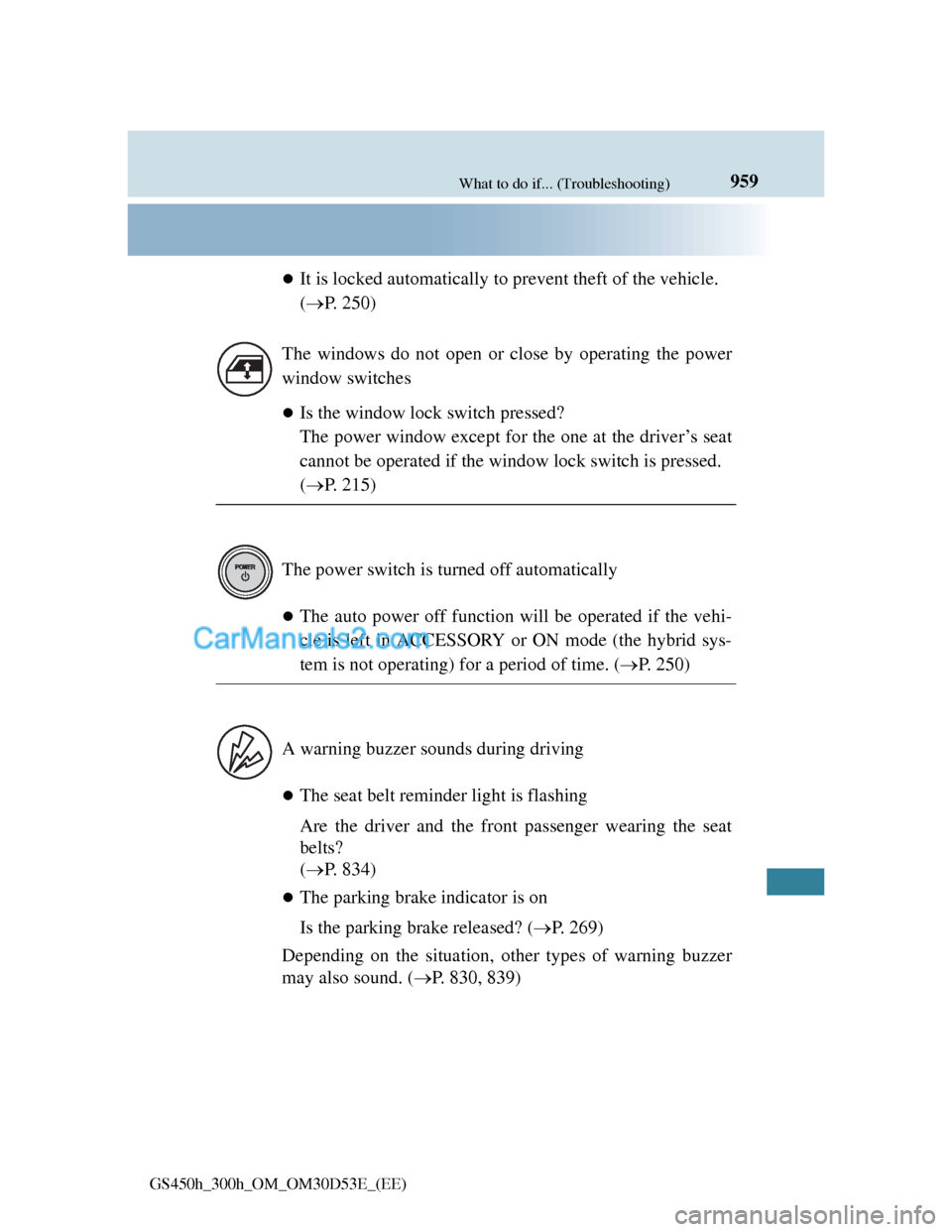 Lexus GS300h 2013 Owners Manual 959What to do if... (Troubleshooting)
GS450h_300h_OM_OM30D53E_(EE)
It is locked automatically to prevent theft of the vehicle.
(P. 250)
Is the window lock switch pressed?
The power window ex Lexus GS300h 2013 Owners Manual 959What to do if... (Troubleshooting)
GS450h_300h_OM_OM30D53E_(EE)
It is locked automatically to prevent theft of the vehicle.
(P. 250)
Is the window lock switch pressed?
The power window ex