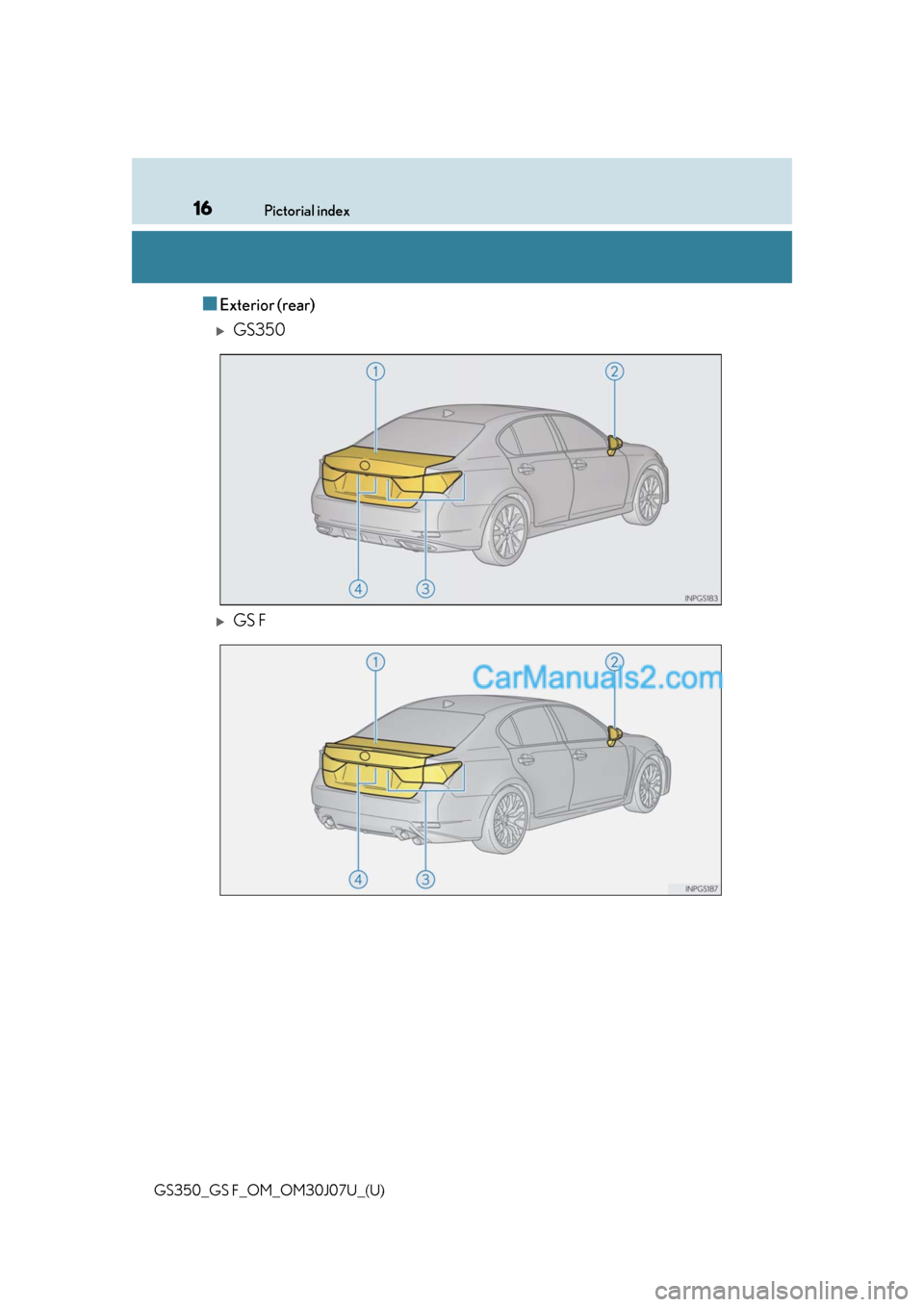 Lexus GS350 2020 User Guide 16Pictorial index
GS350_GS F_OM_OM30J07U_(U)
■Exterior (rear)
GS350
GS F Lexus GS350 2020 User Guide 16Pictorial index
GS350_GS F_OM_OM30J07U_(U)
■Exterior (rear)
GS350
GS F
