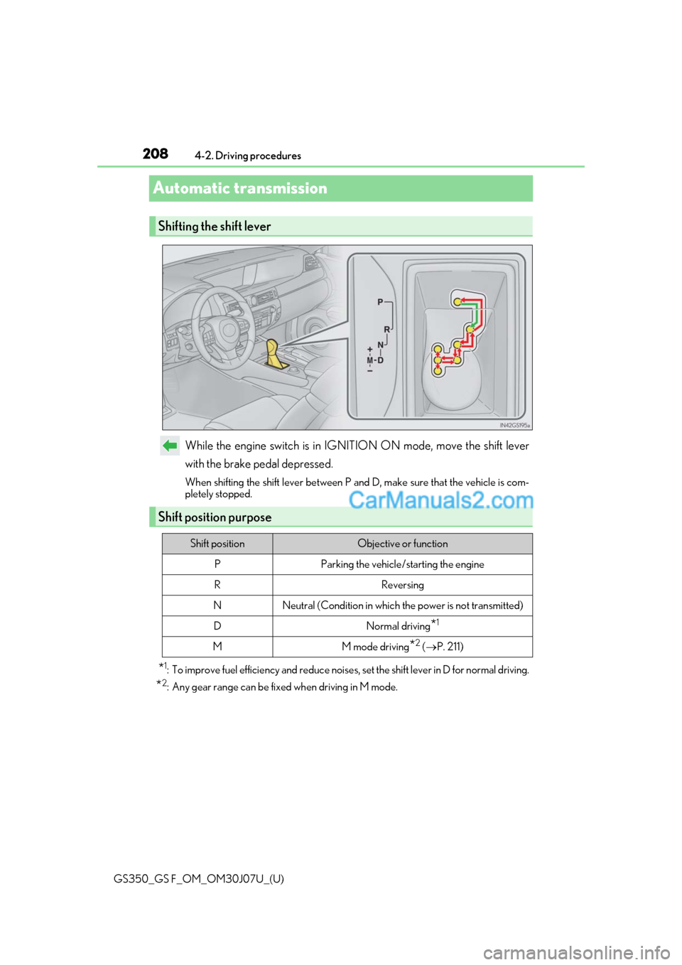 Lexus GS350 2020 Owners Guide 208
GS350_GS F_OM_OM30J07U_(U)4-2. Driving procedures
Automatic transmission
While the engine switch is in IGNITION ON mode, move the shift lever
with the brake pedal depressed.
When shifting the shif Lexus GS350 2020 Owners Guide 208
GS350_GS F_OM_OM30J07U_(U)4-2. Driving procedures
Automatic transmission
While the engine switch is in IGNITION ON mode, move the shift lever
with the brake pedal depressed.
When shifting the shif