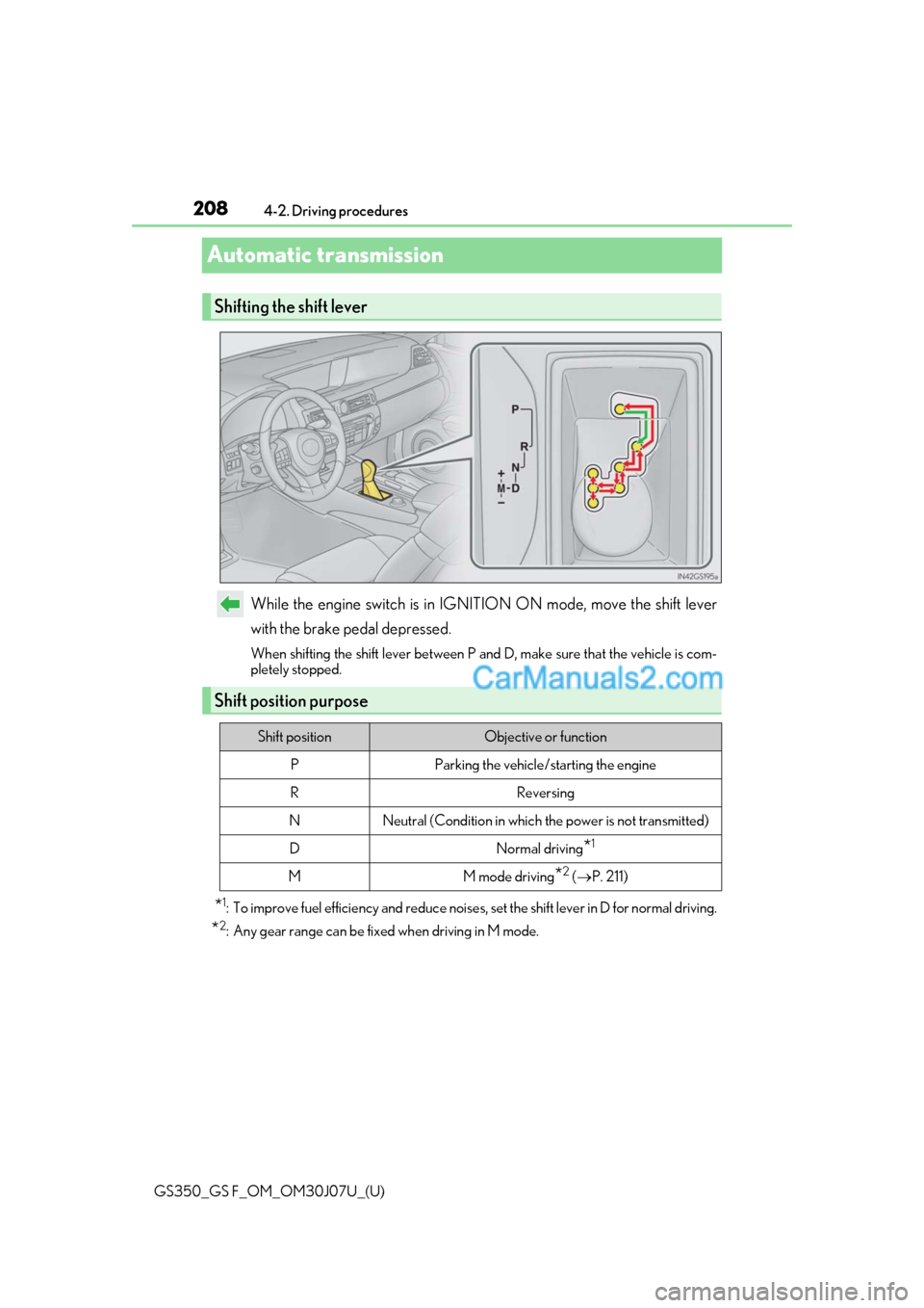Lexus GS350 2020  Owners Manual 208
GS350_GS F_OM_OM30J07U_(U)4-2. Driving procedures
Automatic transmission
While the engine switch is in IGNITION ON mode, move the shift lever
with the brake pedal depressed.
When shifting the shif
