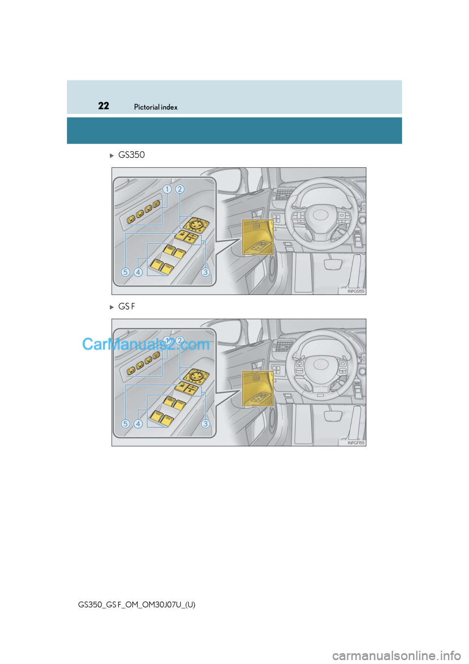 Lexus GS350 2020 Owners Guide 22Pictorial index
GS350_GS F_OM_OM30J07U_(U)
GS350
GS F  