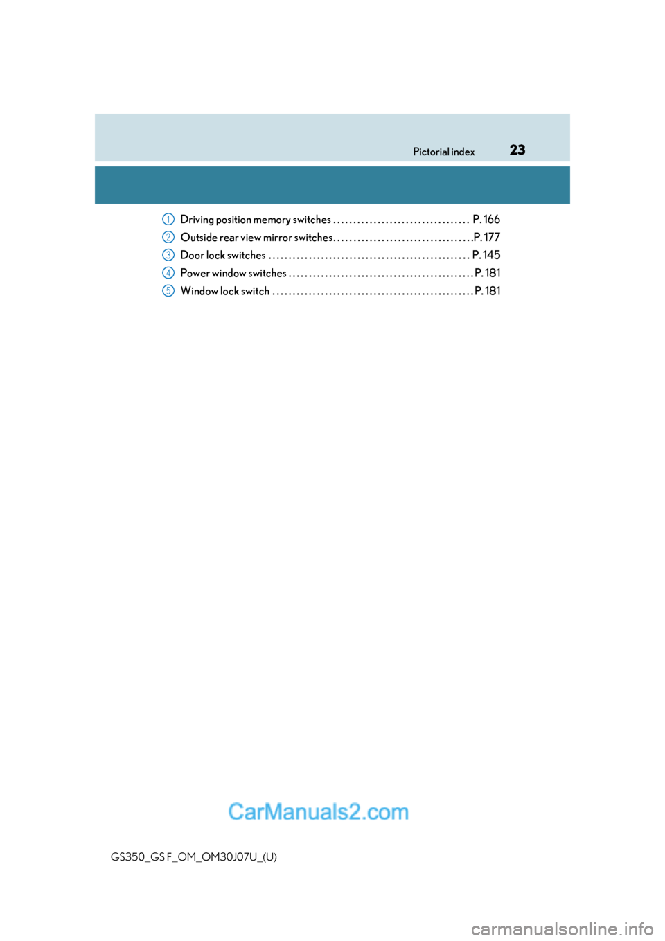 Lexus GS350 2020 Owners Guide 23Pictorial index
GS350_GS F_OM_OM30J07U_(U)
Driving position memory switches . . . . . . . . . . . . . . . . . . . . . . . . . . . . . . . . . .  P. 166
Outside rear view mirror switches . . . . . . 