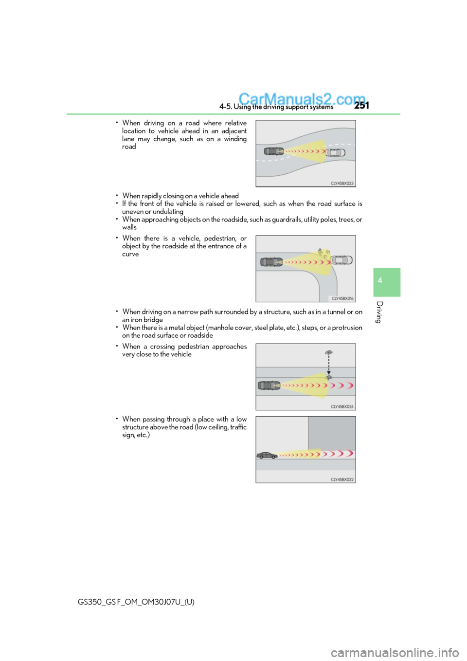 Lexus GS350 2020 Owners Manual GS350_GS F_OM_OM30J07U_(U)
2514-5. Using the driving support systems
4
Driving
• When rapidly closing on a vehicle ahead
• If the front of the vehicle is raised or lowered, such as when the road s Lexus GS350 2020 Owners Manual GS350_GS F_OM_OM30J07U_(U)
2514-5. Using the driving support systems
4
Driving
• When rapidly closing on a vehicle ahead
• If the front of the vehicle is raised or lowered, such as when the road s