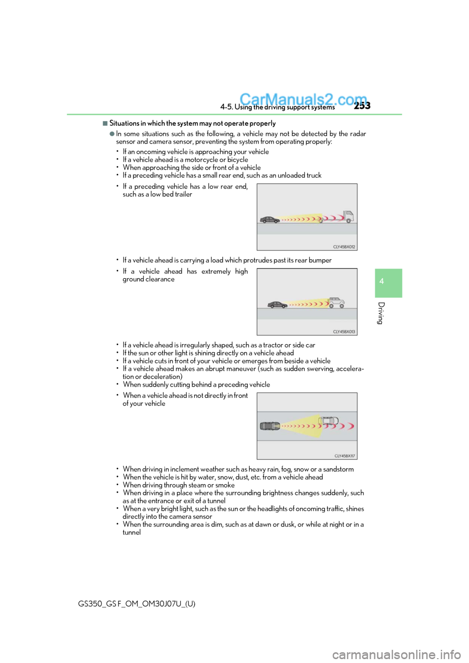 Lexus GS350 2020  Owners Manual GS350_GS F_OM_OM30J07U_(U)
2534-5. Using the driving support systems
4
Driving
■Situations in which the system may not operate properly
●In some situations such as the following, a vehicle may not
