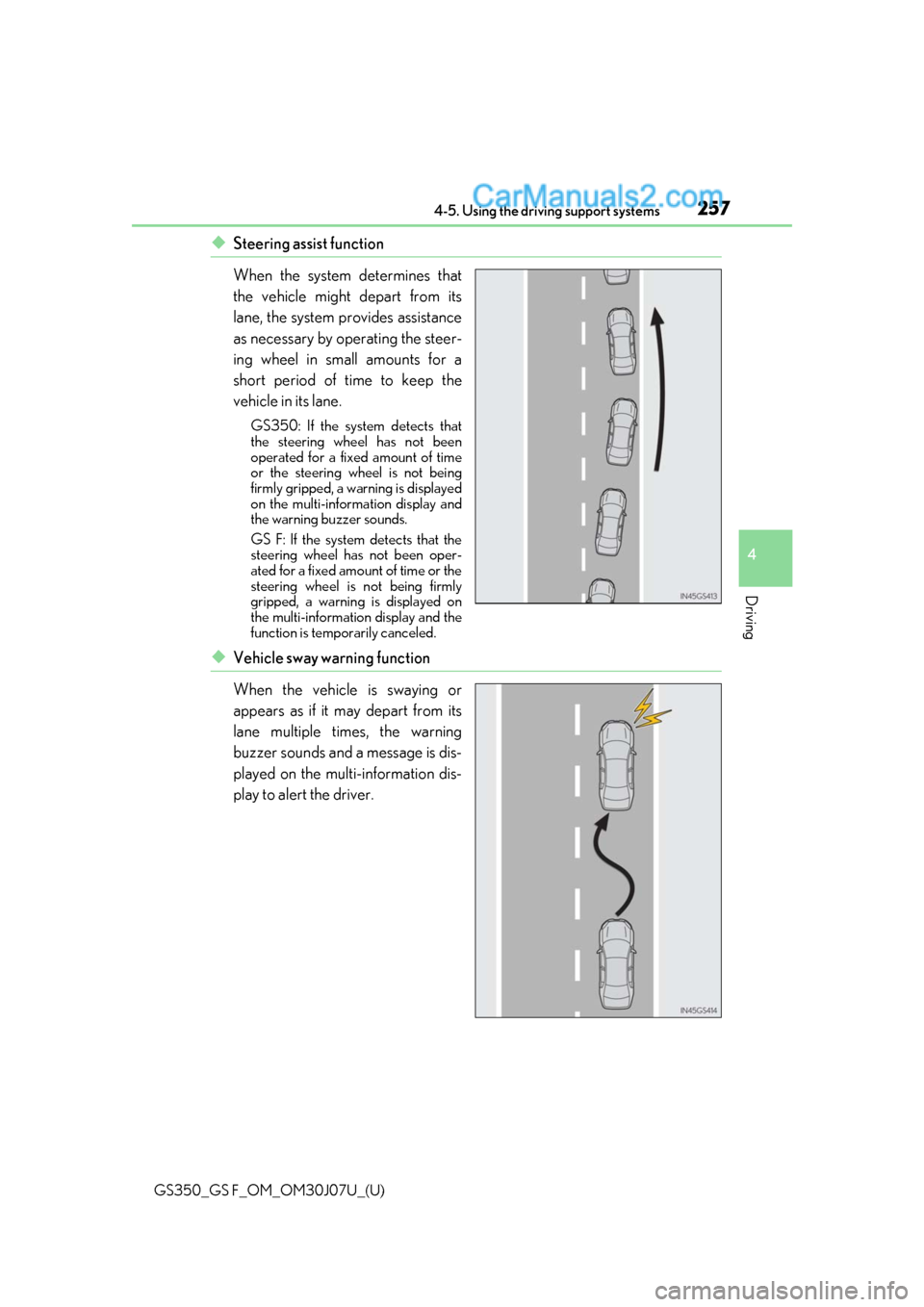Lexus GS350 2020 Owners Manual GS350_GS F_OM_OM30J07U_(U)
2574-5. Using the driving support systems
4
Driving
◆Steering assist function
When the system determines that
the vehicle might depart from its
lane, the system provides a Lexus GS350 2020 Owners Manual GS350_GS F_OM_OM30J07U_(U)
2574-5. Using the driving support systems
4
Driving
◆Steering assist function
When the system determines that
the vehicle might depart from its
lane, the system provides a